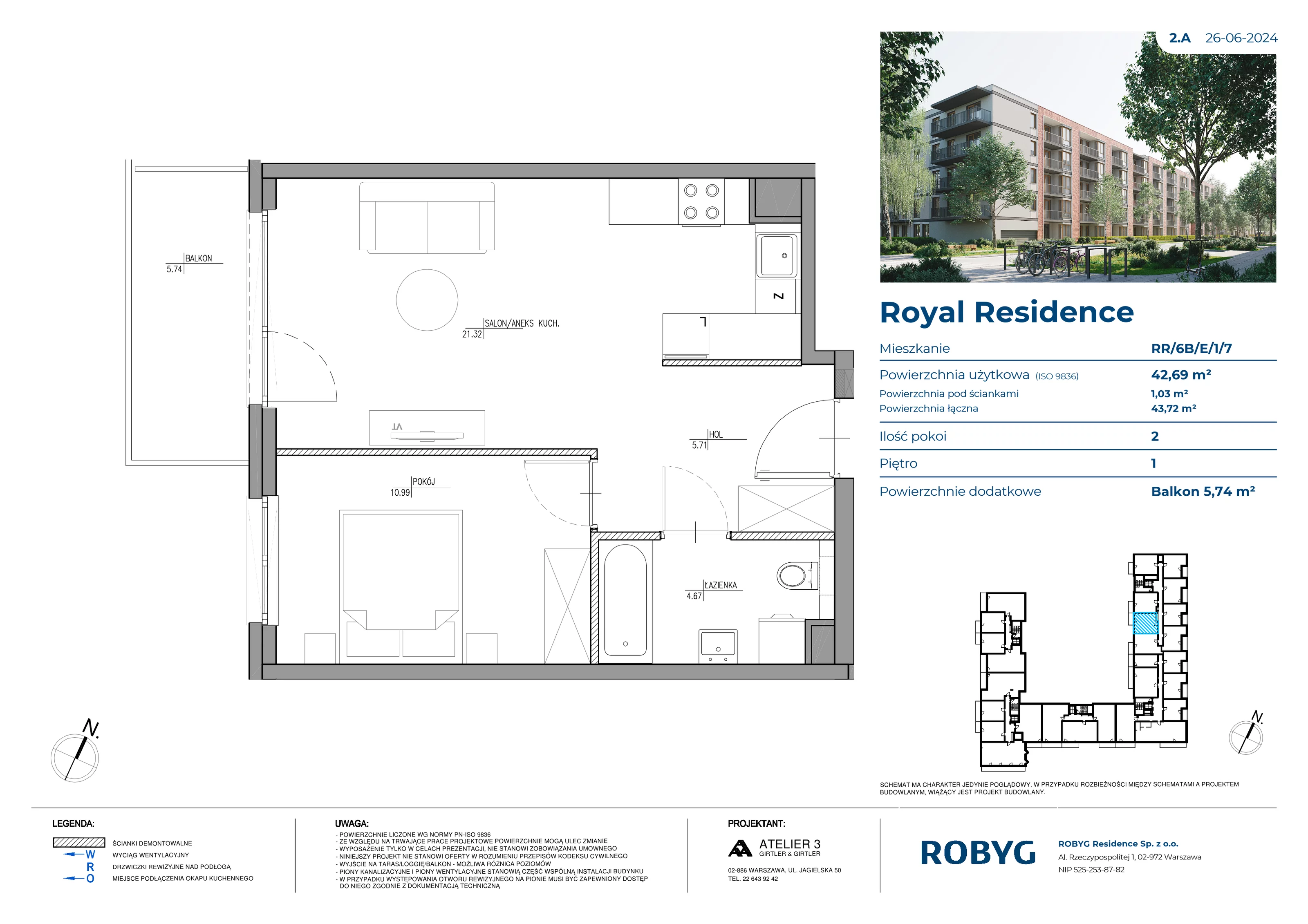 Mieszkanie 42,69 m², piętro 1, oferta nr RR/6B/E/1/7, Royal Residence 6B, Warszawa, Wilanów, Błonia Wilanowskie, ul. Sarmacka