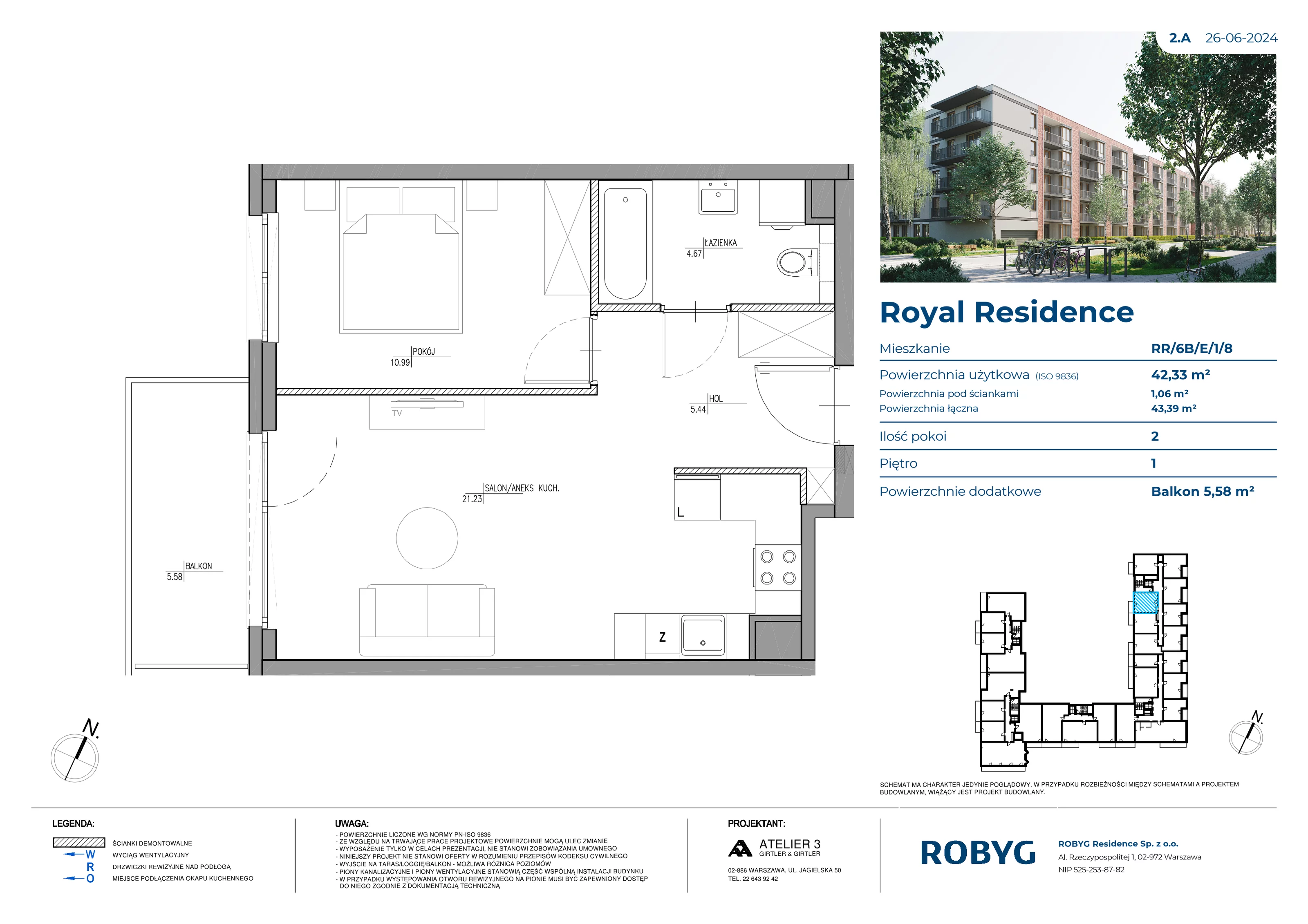 Mieszkanie 42,33 m², piętro 1, oferta nr RR/6B/E/1/8, Royal Residence 6B, Warszawa, Wilanów, Błonia Wilanowskie, ul. Sarmacka