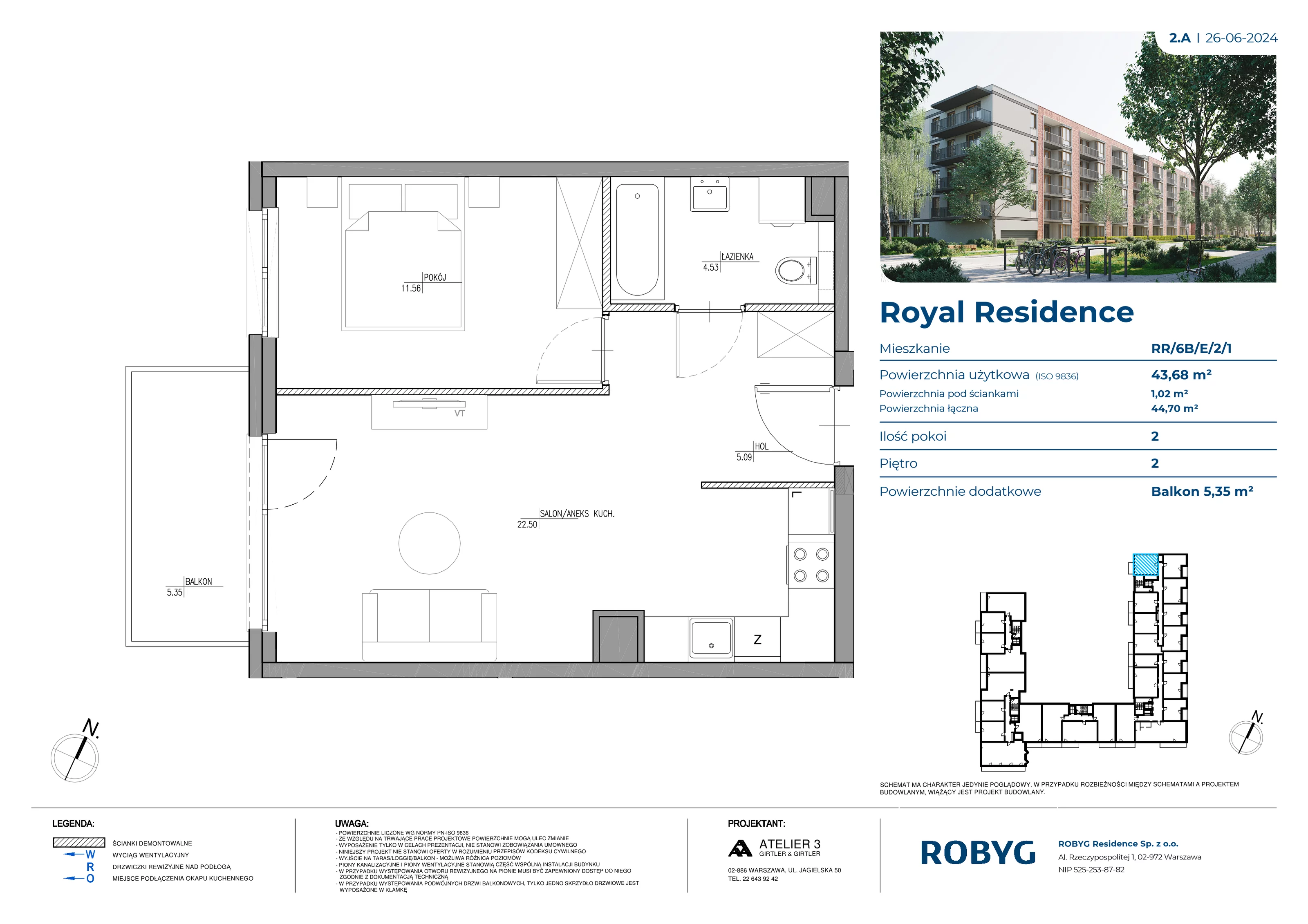 Mieszkanie 43,68 m², piętro 2, oferta nr RR/6B/E/2/1, Royal Residence 6B, Warszawa, Wilanów, Błonia Wilanowskie, ul. Sarmacka