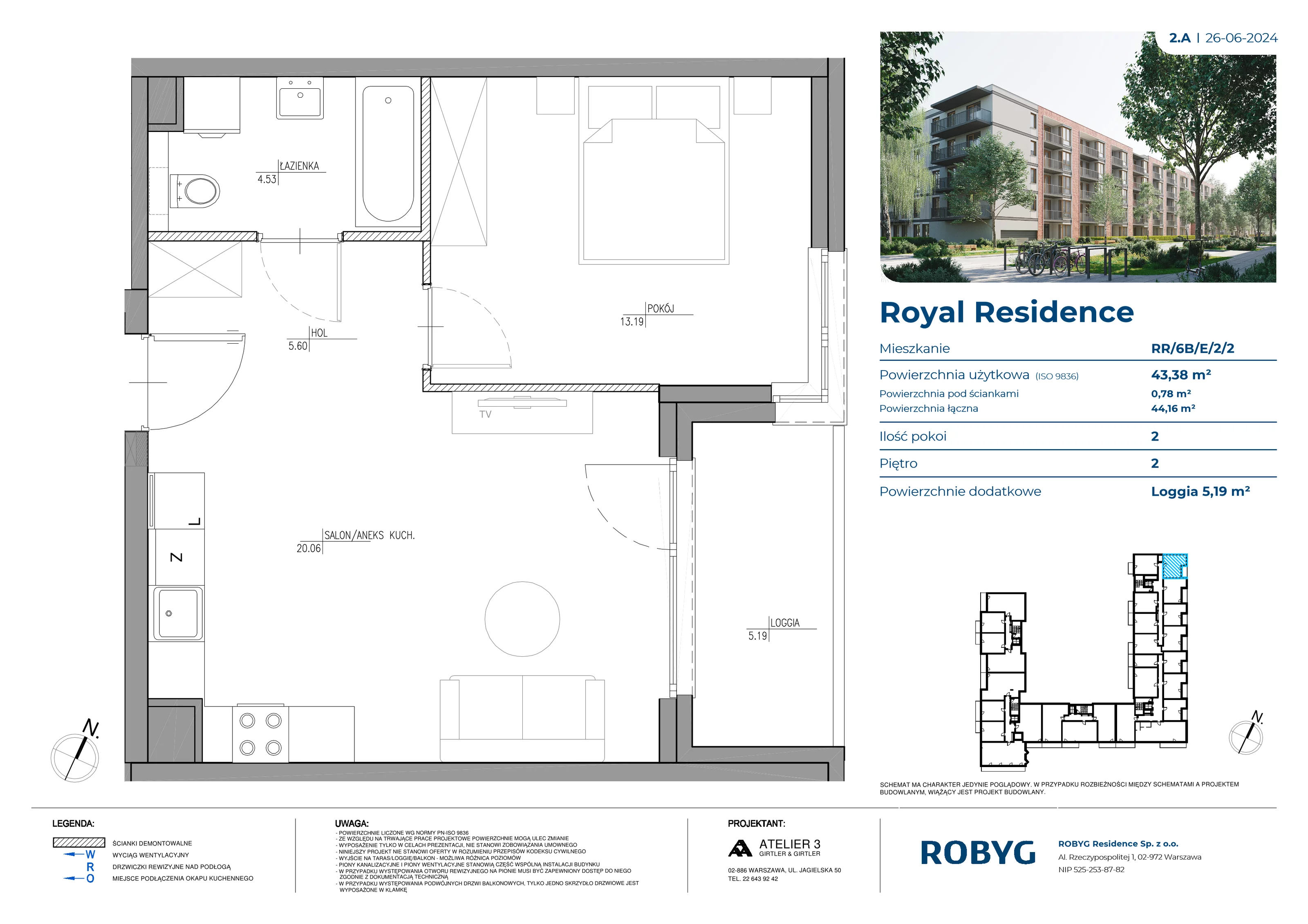 Mieszkanie 43,38 m², piętro 2, oferta nr RR/6B/E/2/2, Royal Residence 6B, Warszawa, Wilanów, Błonia Wilanowskie, ul. Sarmacka