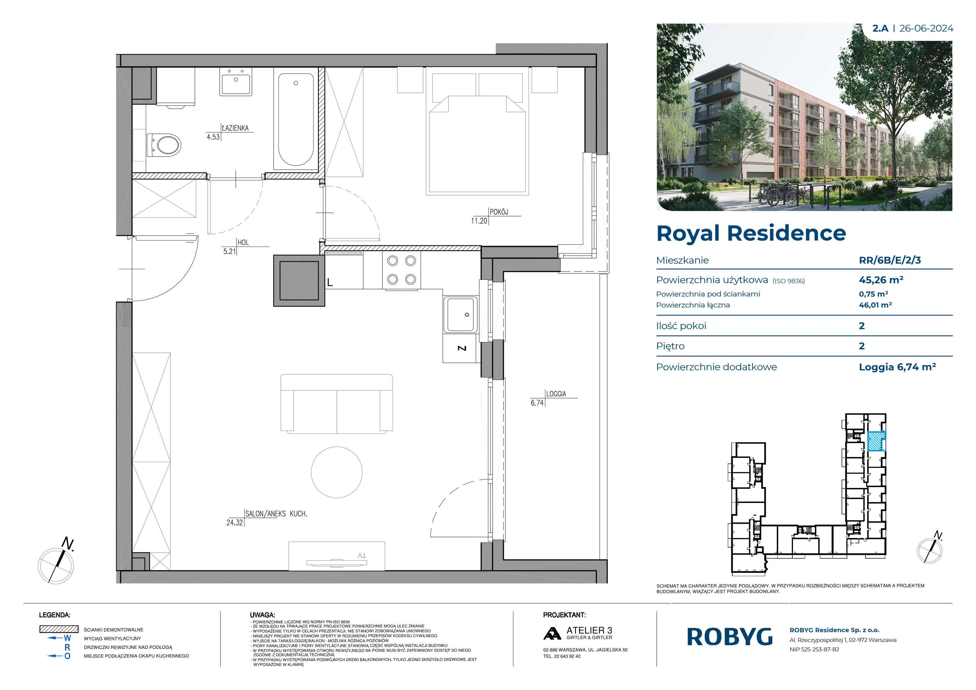 2 pokoje, mieszkanie 45,26 m², piętro 2, oferta nr RR/6B/E/2/3, Royal Residence 6B, Warszawa, Wilanów, Błonia Wilanowskie, ul. Sarmacka