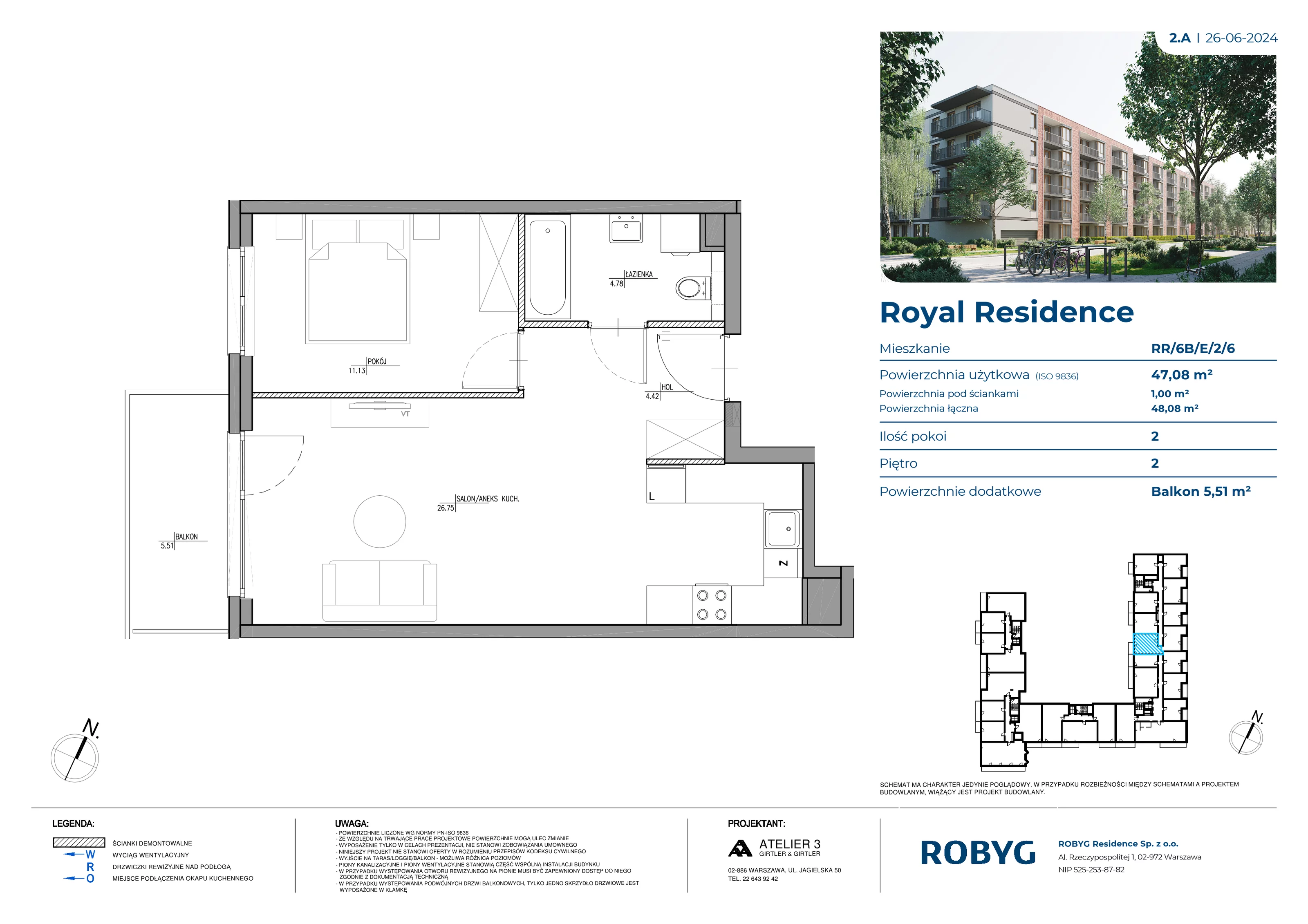 2 pokoje, mieszkanie 47,15 m², piętro 2, oferta nr RR/6B/E/2/6, Royal Residence 6B, Warszawa, Wilanów, Błonia Wilanowskie, ul. Sarmacka