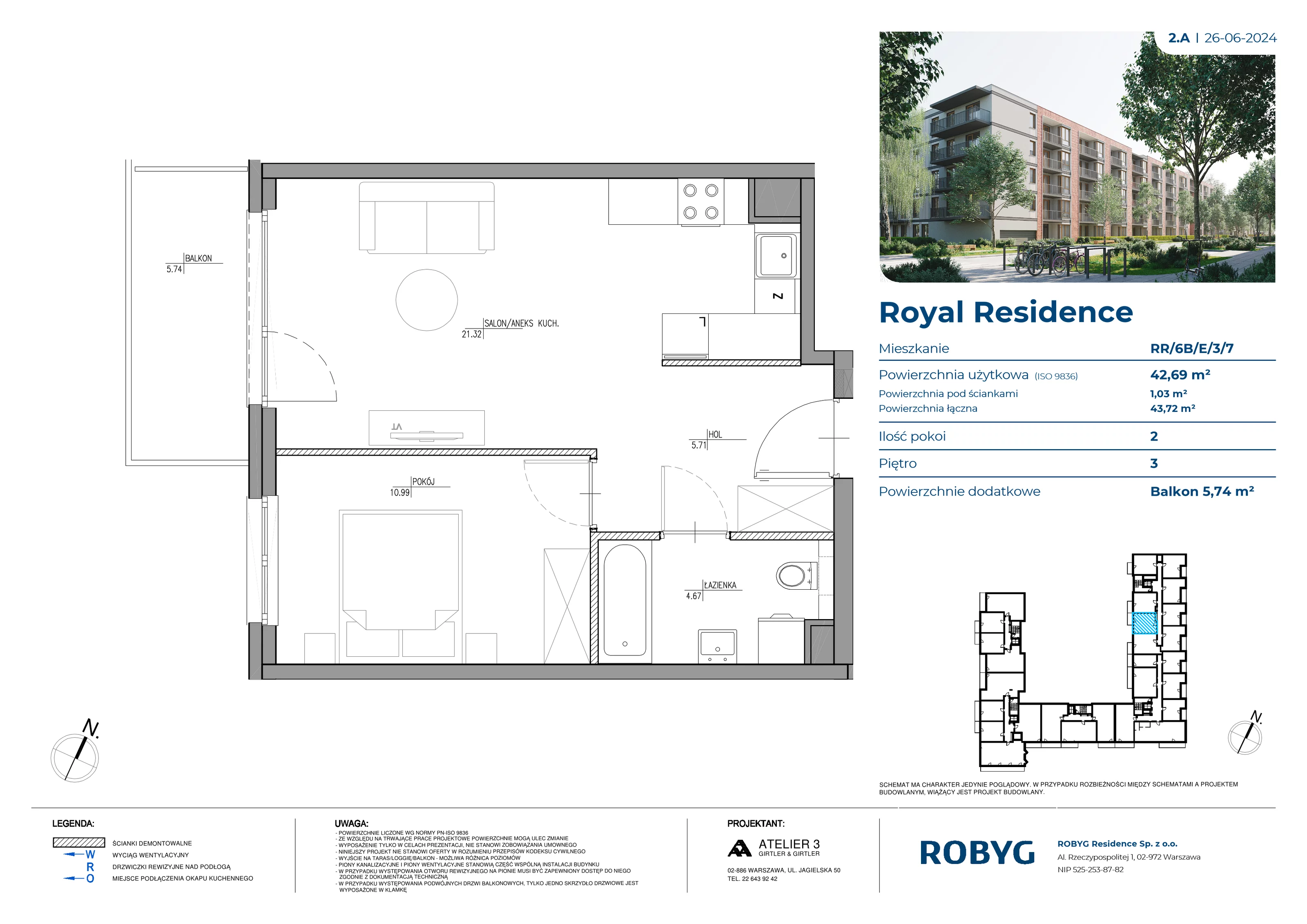 Mieszkanie 42,69 m², piętro 3, oferta nr RR/6B/E/3/7, Royal Residence 6B, Warszawa, Wilanów, Błonia Wilanowskie, ul. Sarmacka