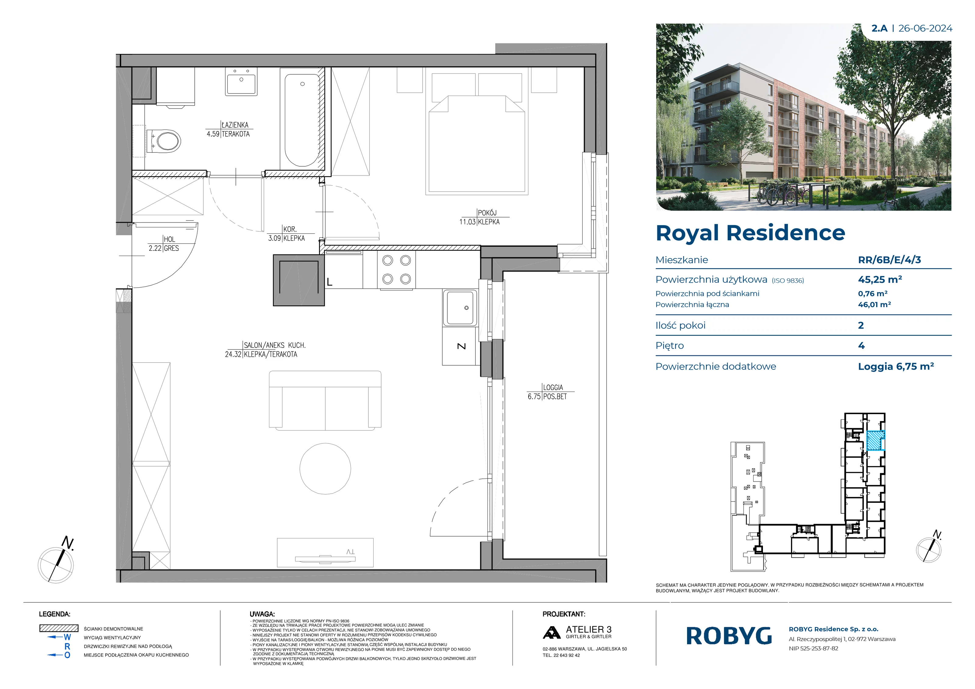 2 pokoje, mieszkanie 45,26 m², piętro 4, oferta nr RR/6B/E/4/3, Royal Residence 6B, Warszawa, Wilanów, Błonia Wilanowskie, ul. Sarmacka