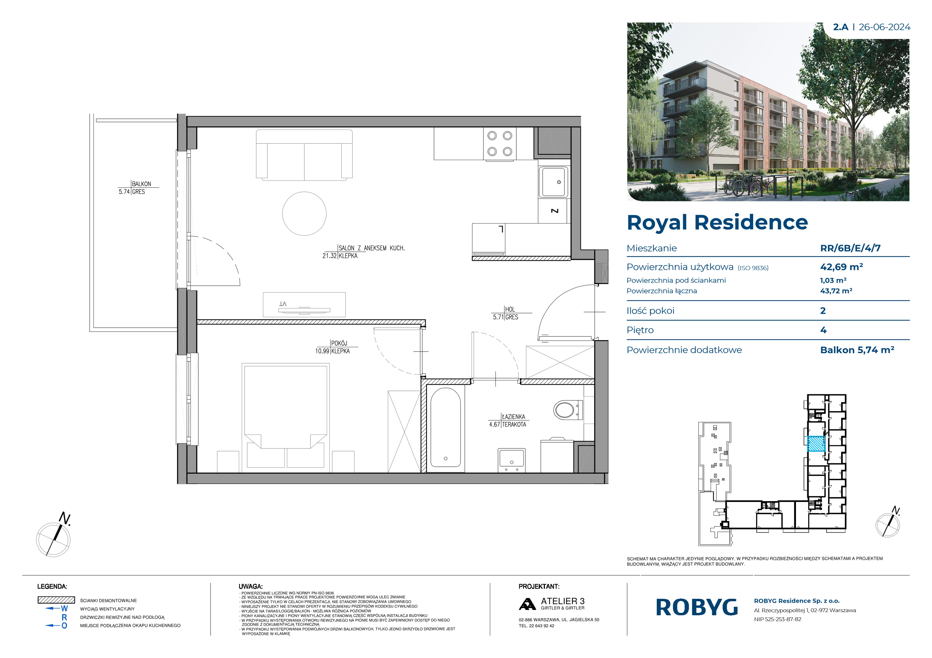 Mieszkanie 42,69 m², piętro 4, oferta nr RR/6B/E/4/7, Royal Residence 6B, Warszawa, Wilanów, Błonia Wilanowskie, ul. Sarmacka