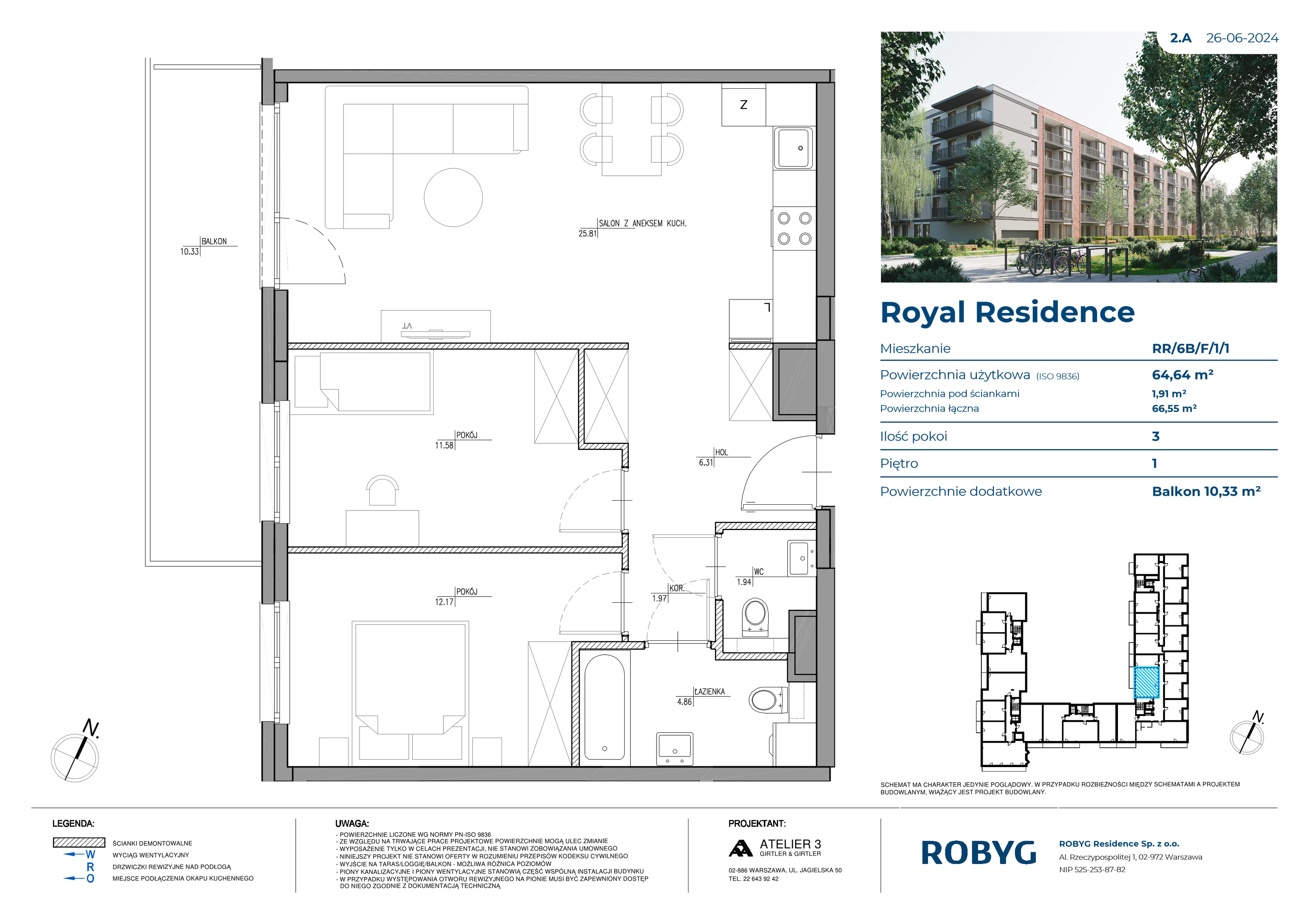 3 pokoje, mieszkanie 64,57 m², piętro 1, oferta nr RR/6B/F/1/1, Royal Residence 6B, Warszawa, Wilanów, Błonia Wilanowskie, ul. Sarmacka