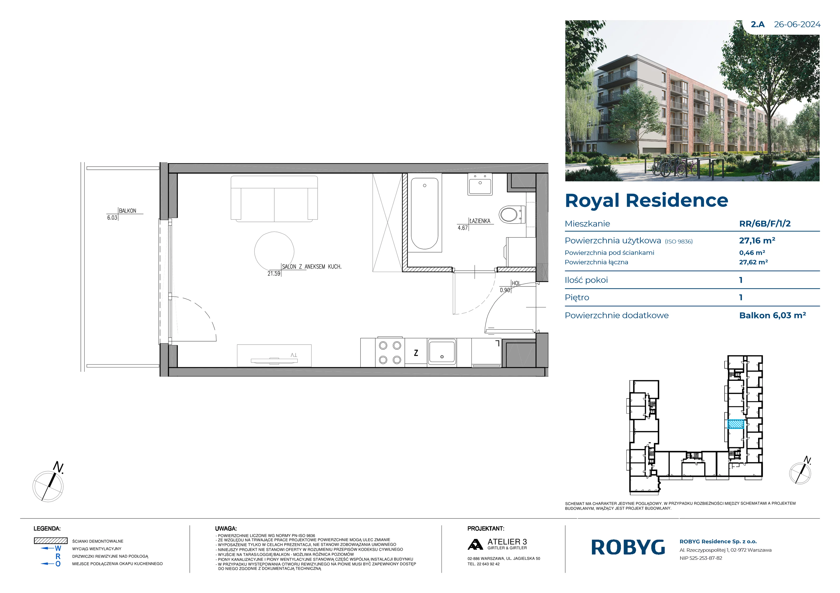 Mieszkanie 27,16 m², piętro 1, oferta nr RR/6B/F/1/2, Royal Residence 6B, Warszawa, Wilanów, Błonia Wilanowskie, ul. Sarmacka