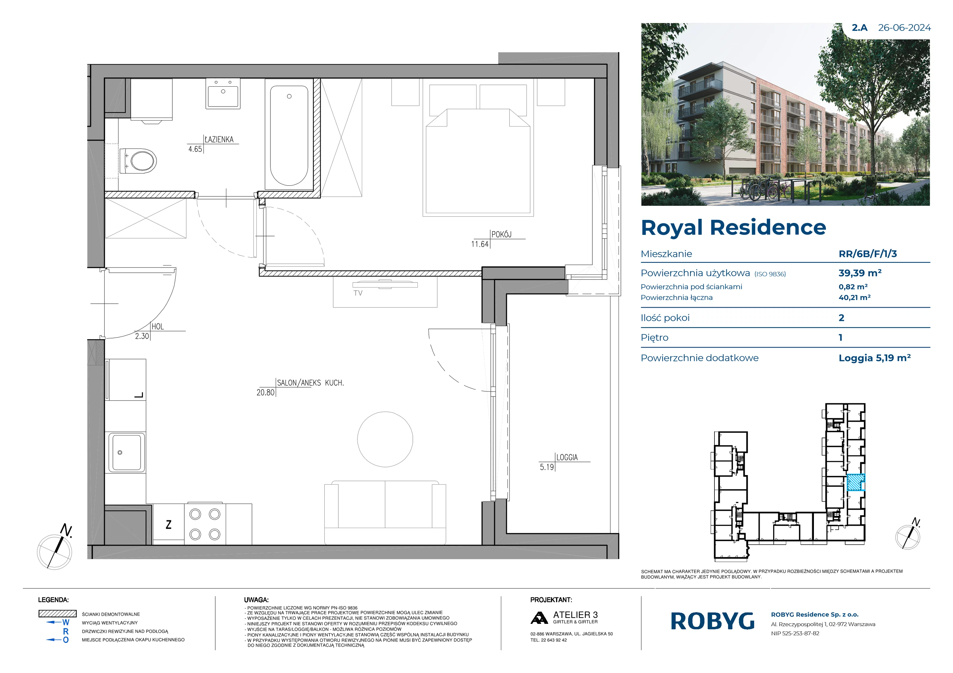 2 pokoje, mieszkanie 39,47 m², piętro 1, oferta nr RR/6B/F/1/3, Royal Residence 6B, Warszawa, Wilanów, Błonia Wilanowskie, ul. Sarmacka