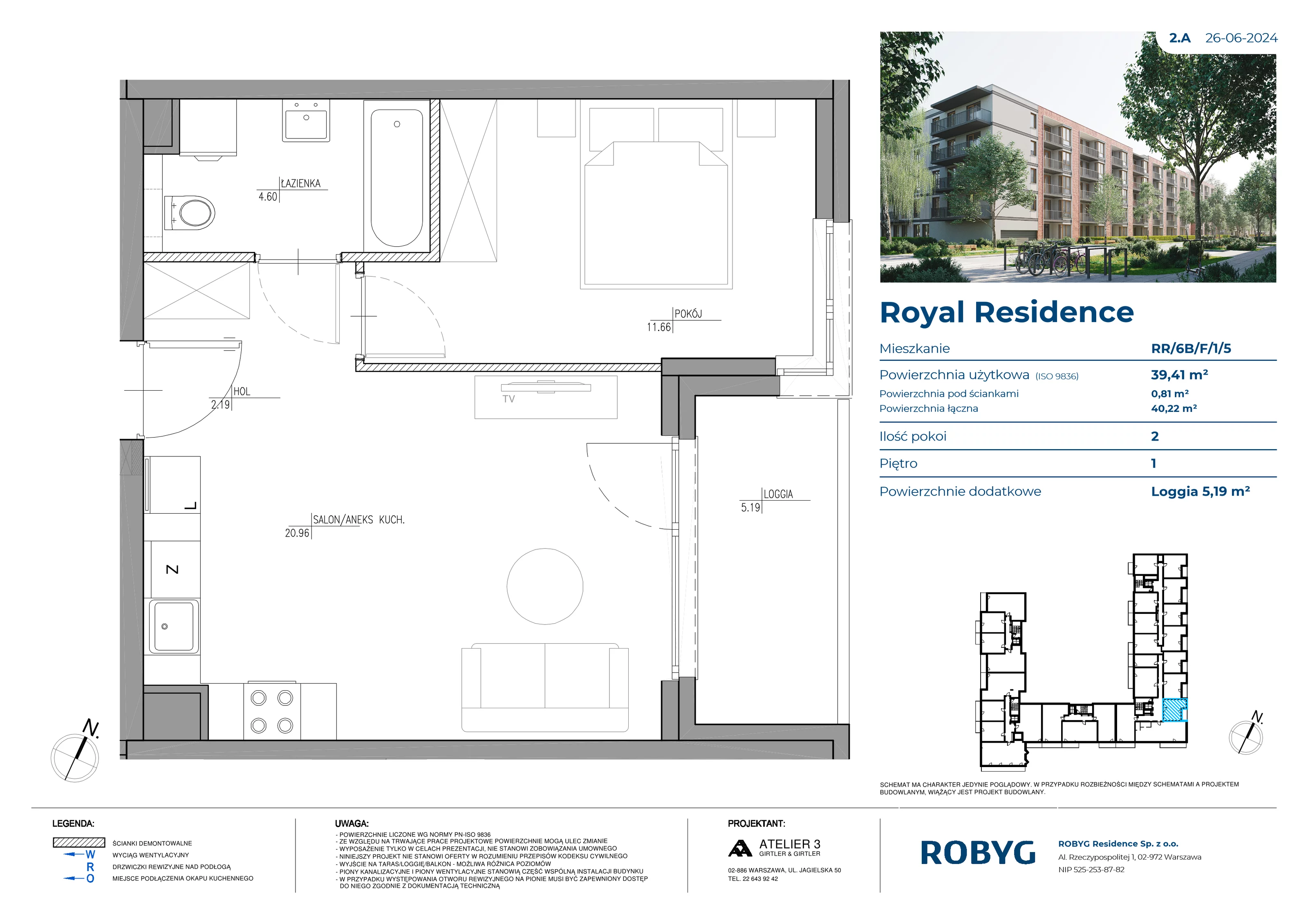 Mieszkanie 39,41 m², piętro 1, oferta nr RR/6B/F/1/5, Royal Residence 6B, Warszawa, Wilanów, Błonia Wilanowskie, ul. Sarmacka