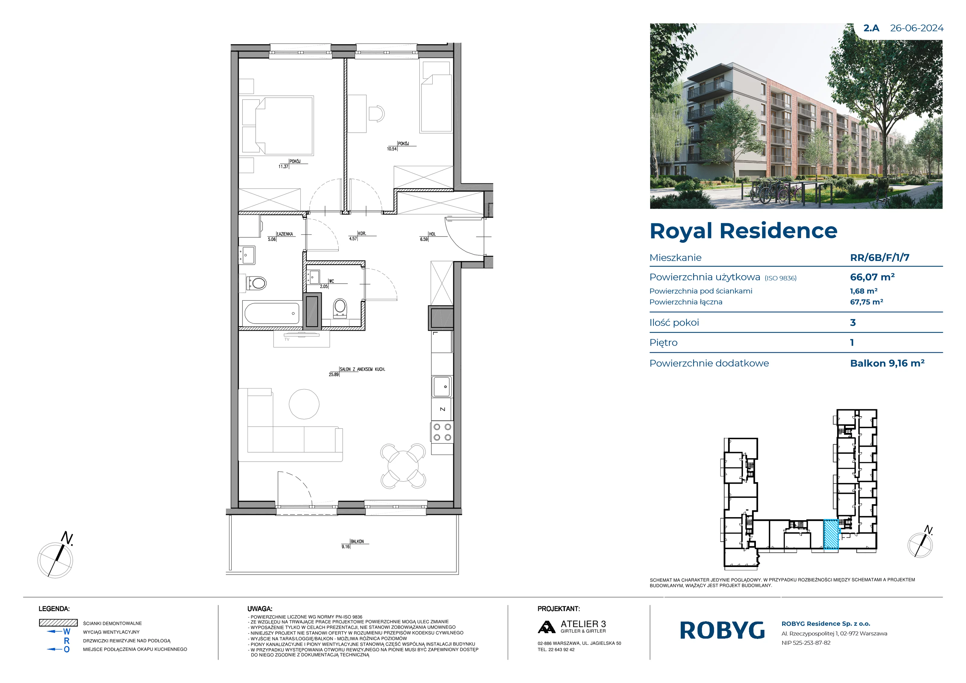 3 pokoje, mieszkanie 66,22 m², piętro 1, oferta nr RR/6B/F/1/7, Royal Residence 6B, Warszawa, Wilanów, Błonia Wilanowskie, ul. Sarmacka