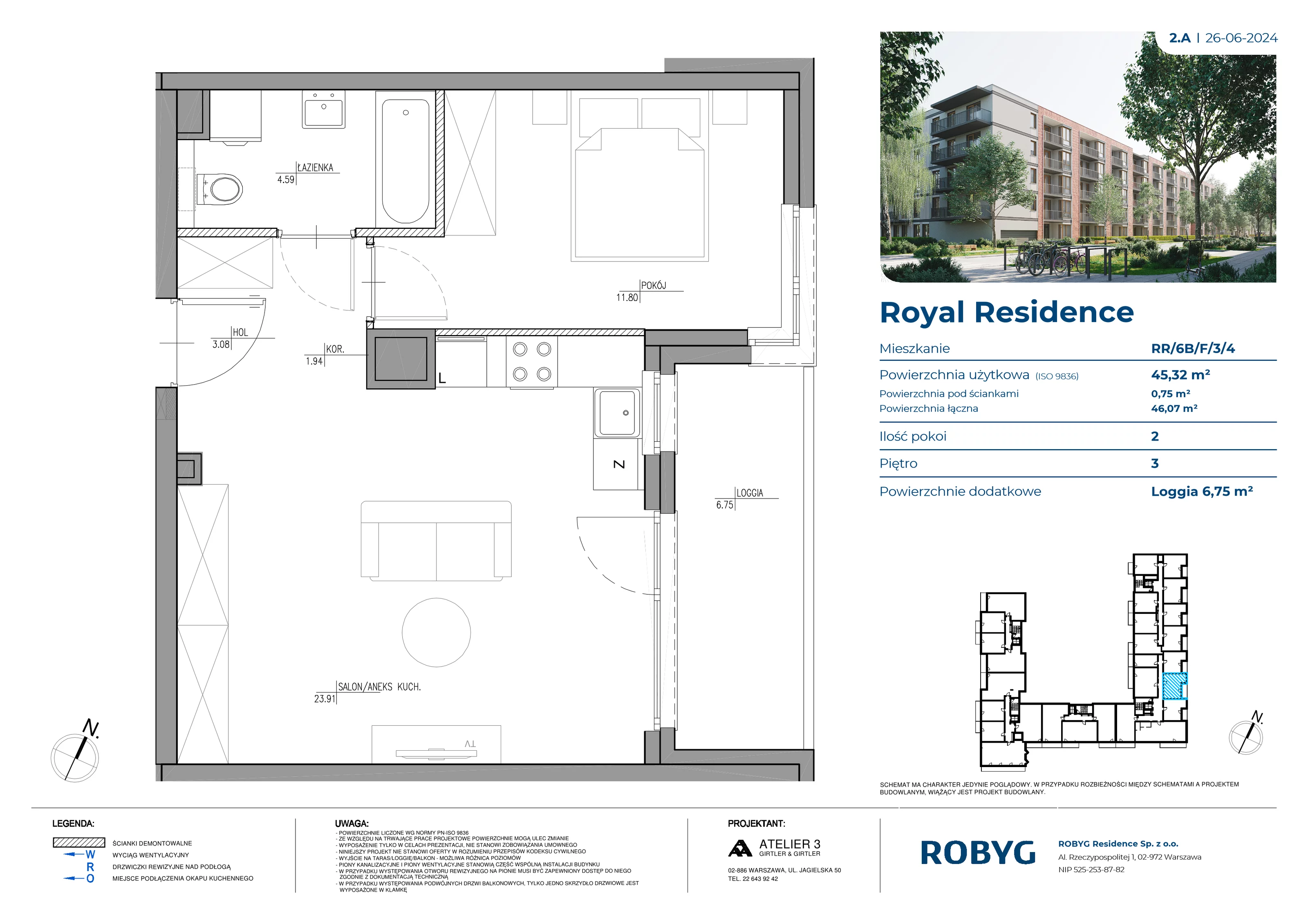 2 pokoje, mieszkanie 45,45 m², piętro 3, oferta nr RR/6B/F/3/4, Royal Residence 6B, Warszawa, Wilanów, Błonia Wilanowskie, ul. Sarmacka