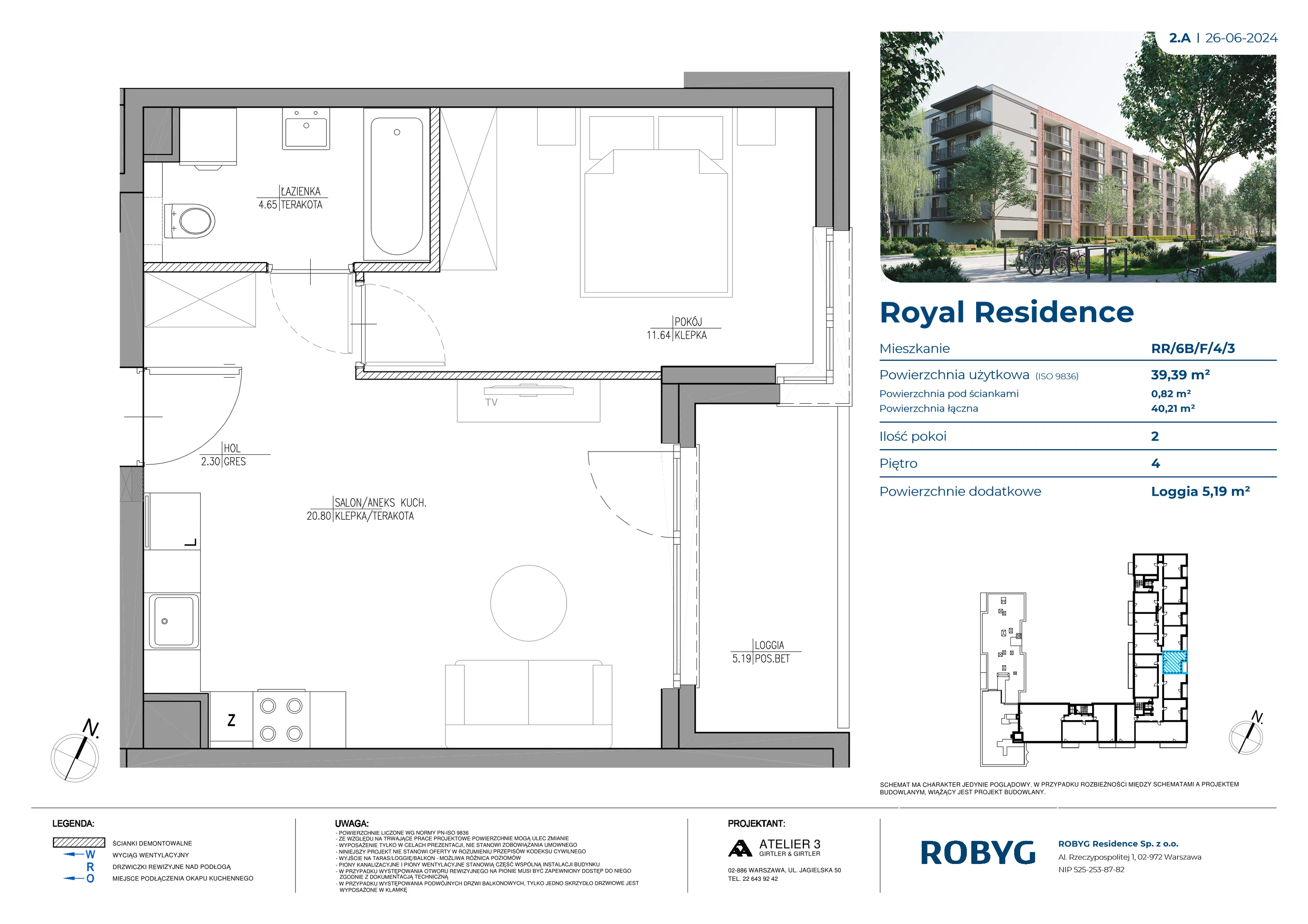 Mieszkanie 39,39 m², piętro 4, oferta nr RR/6B/F/4/3, Royal Residence 6B, Warszawa, Wilanów, Błonia Wilanowskie, ul. Sarmacka