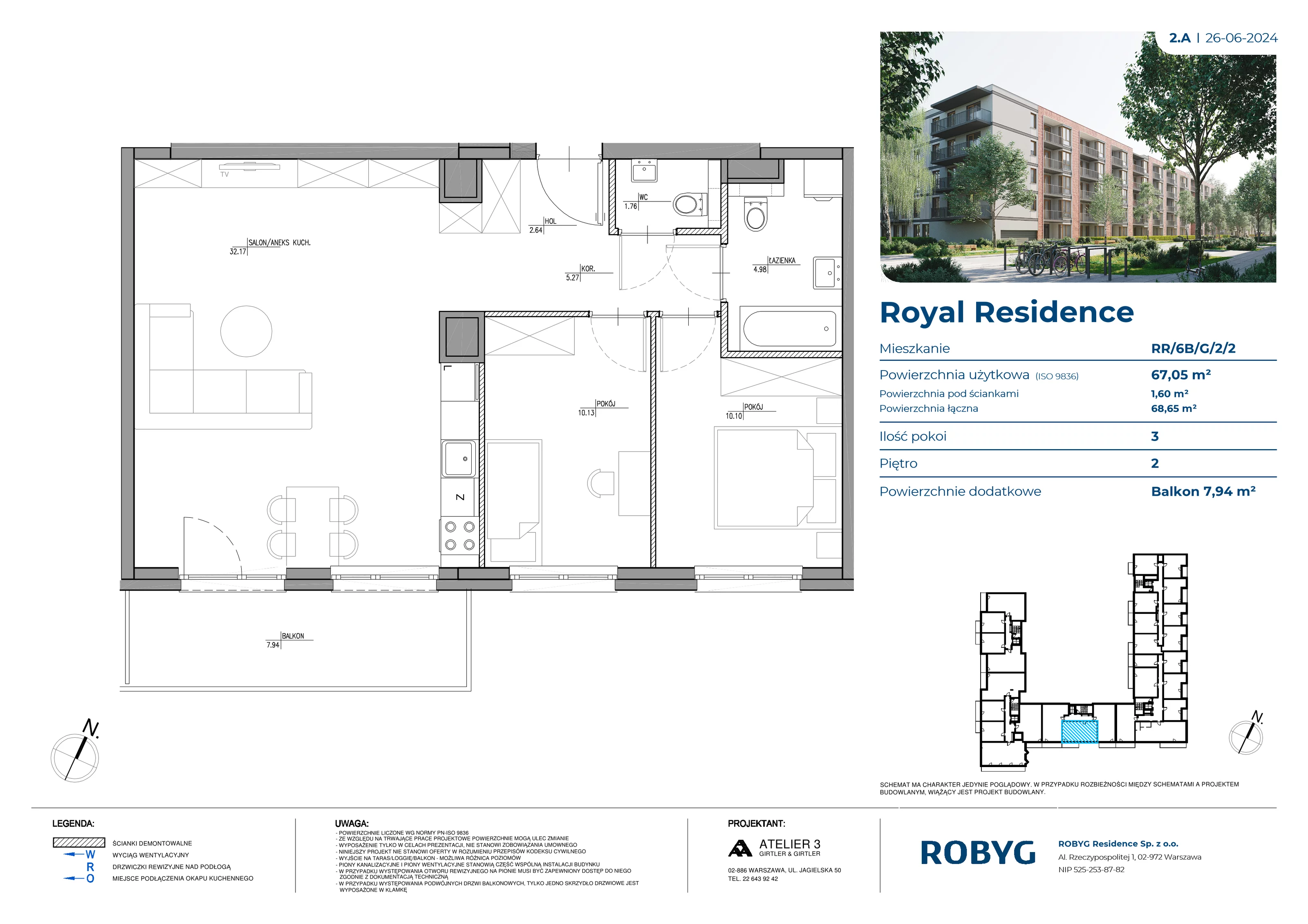 3 pokoje, mieszkanie 67,05 m², piętro 2, oferta nr RR/6B/G/2/2, Royal Residence 6B, Warszawa, Wilanów, Błonia Wilanowskie, ul. Sarmacka