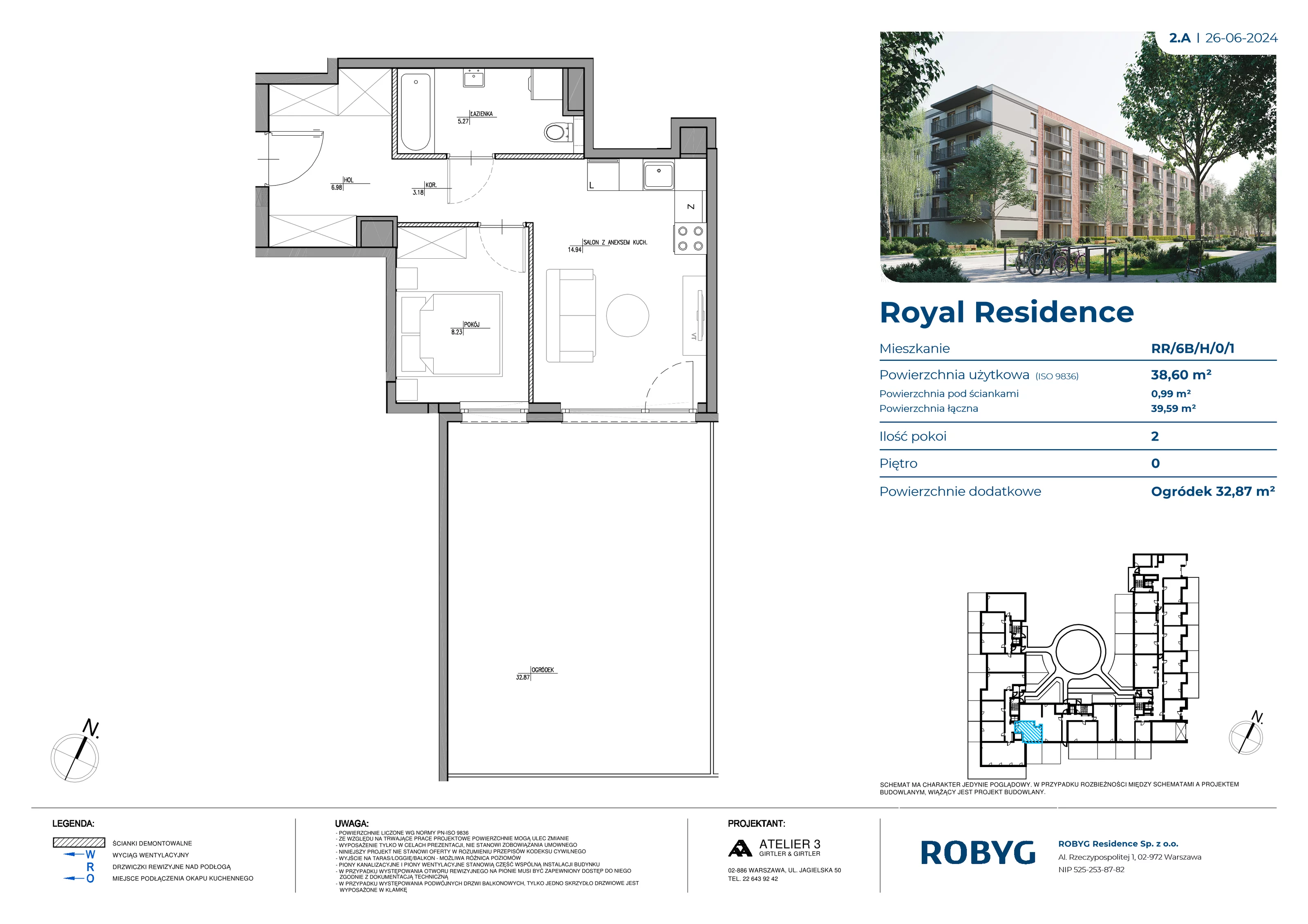 Mieszkanie 38,60 m², parter, oferta nr RR/6B/H/0/1, Royal Residence 6B, Warszawa, Wilanów, Błonia Wilanowskie, ul. Sarmacka