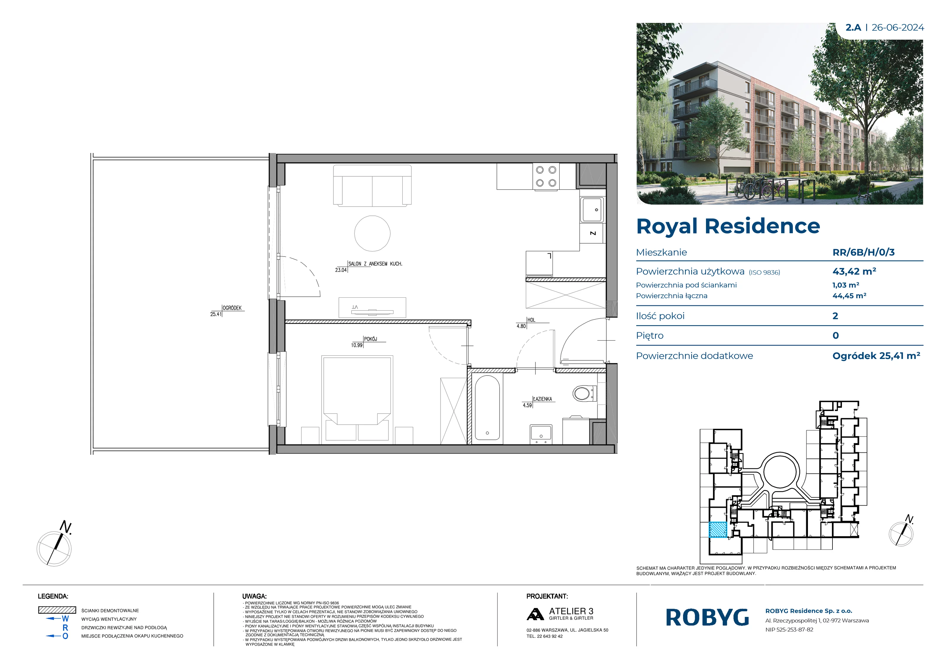 Mieszkanie 43,42 m², parter, oferta nr RR/6B/H/0/3, Royal Residence 6B, Warszawa, Wilanów, Błonia Wilanowskie, ul. Sarmacka