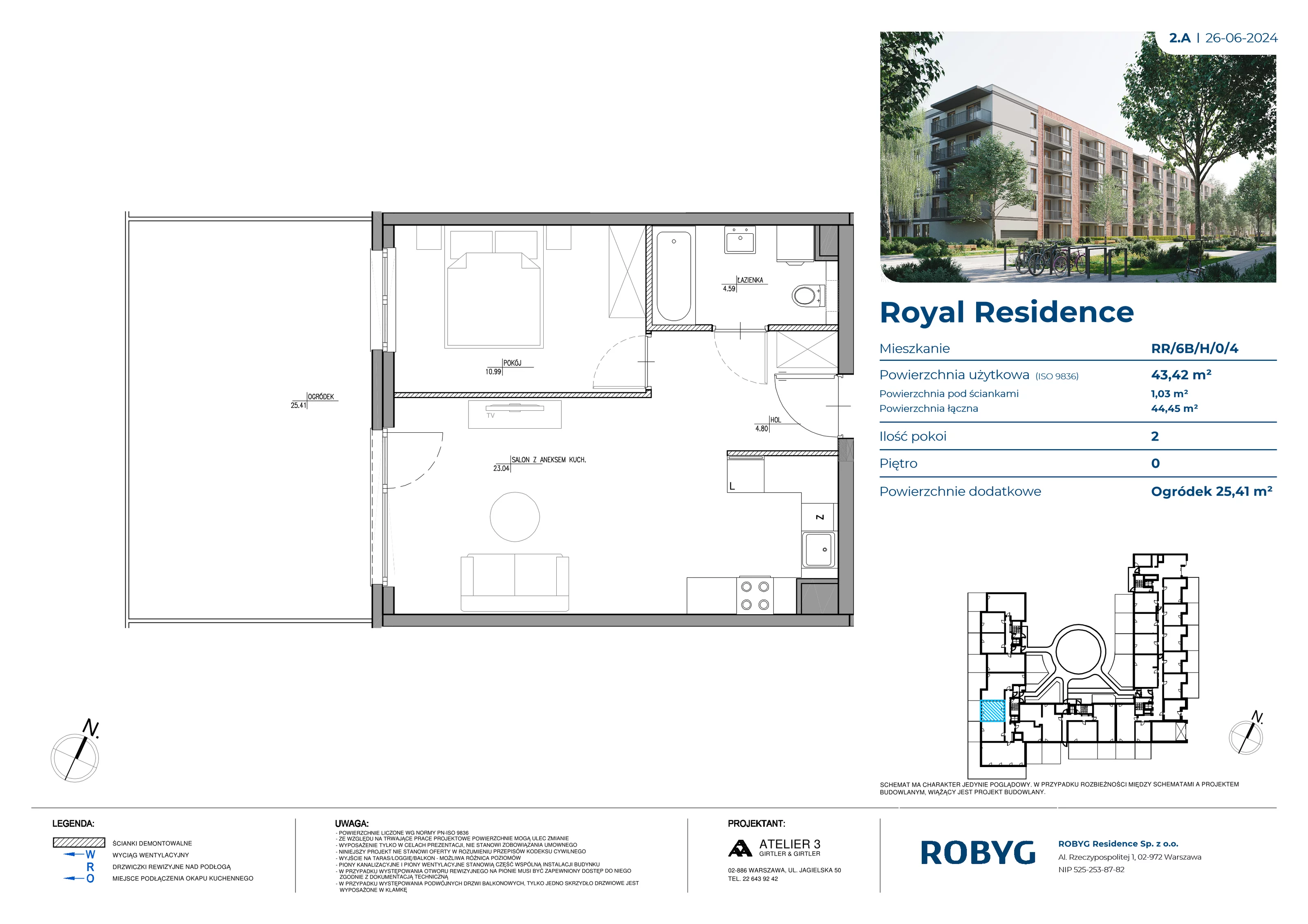 Mieszkanie 43,42 m², parter, oferta nr RR/6B/H/0/4, Royal Residence 6B, Warszawa, Wilanów, Błonia Wilanowskie, ul. Sarmacka