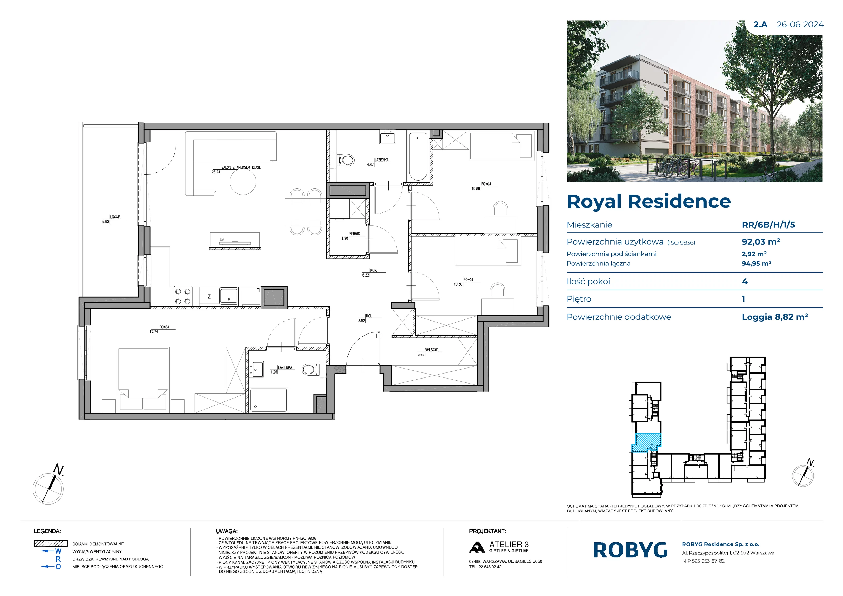 4 pokoje, mieszkanie 92,36 m², piętro 1, oferta nr RR/6B/H/1/5, Royal Residence 6B, Warszawa, Wilanów, Błonia Wilanowskie, ul. Sarmacka