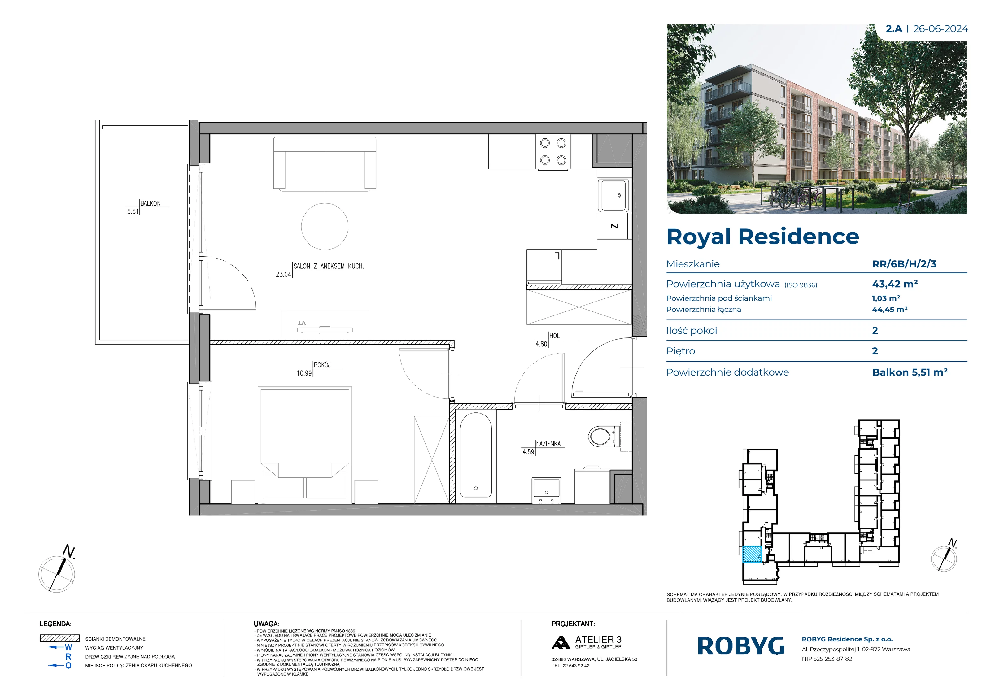 Mieszkanie 43,42 m², piętro 2, oferta nr RR/6B/H/2/3, Royal Residence 6B, Warszawa, Wilanów, Błonia Wilanowskie, ul. Sarmacka