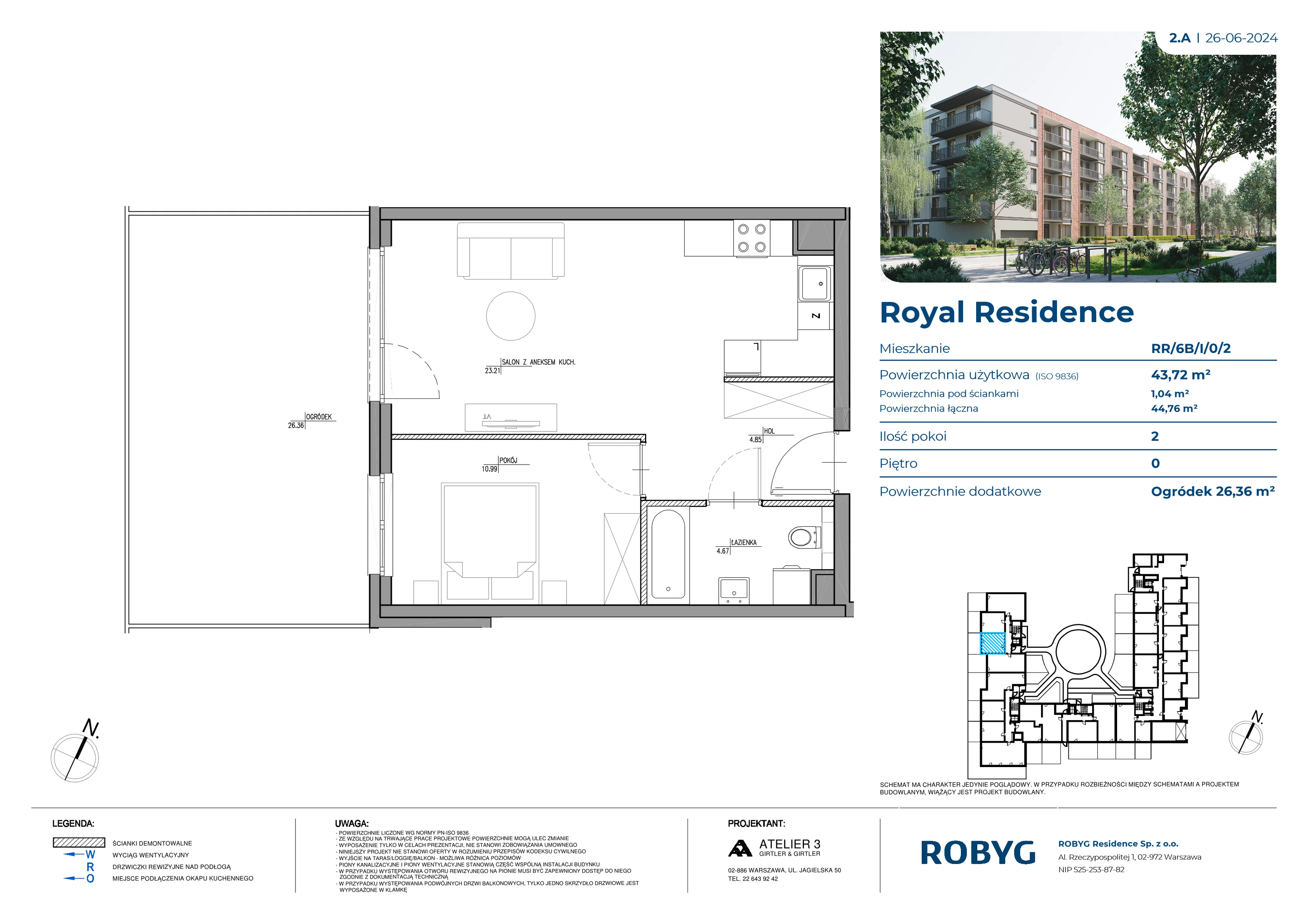 Mieszkanie 43,72 m², parter, oferta nr RR/6B/I/0/2, Royal Residence 6B, Warszawa, Wilanów, Błonia Wilanowskie, ul. Sarmacka