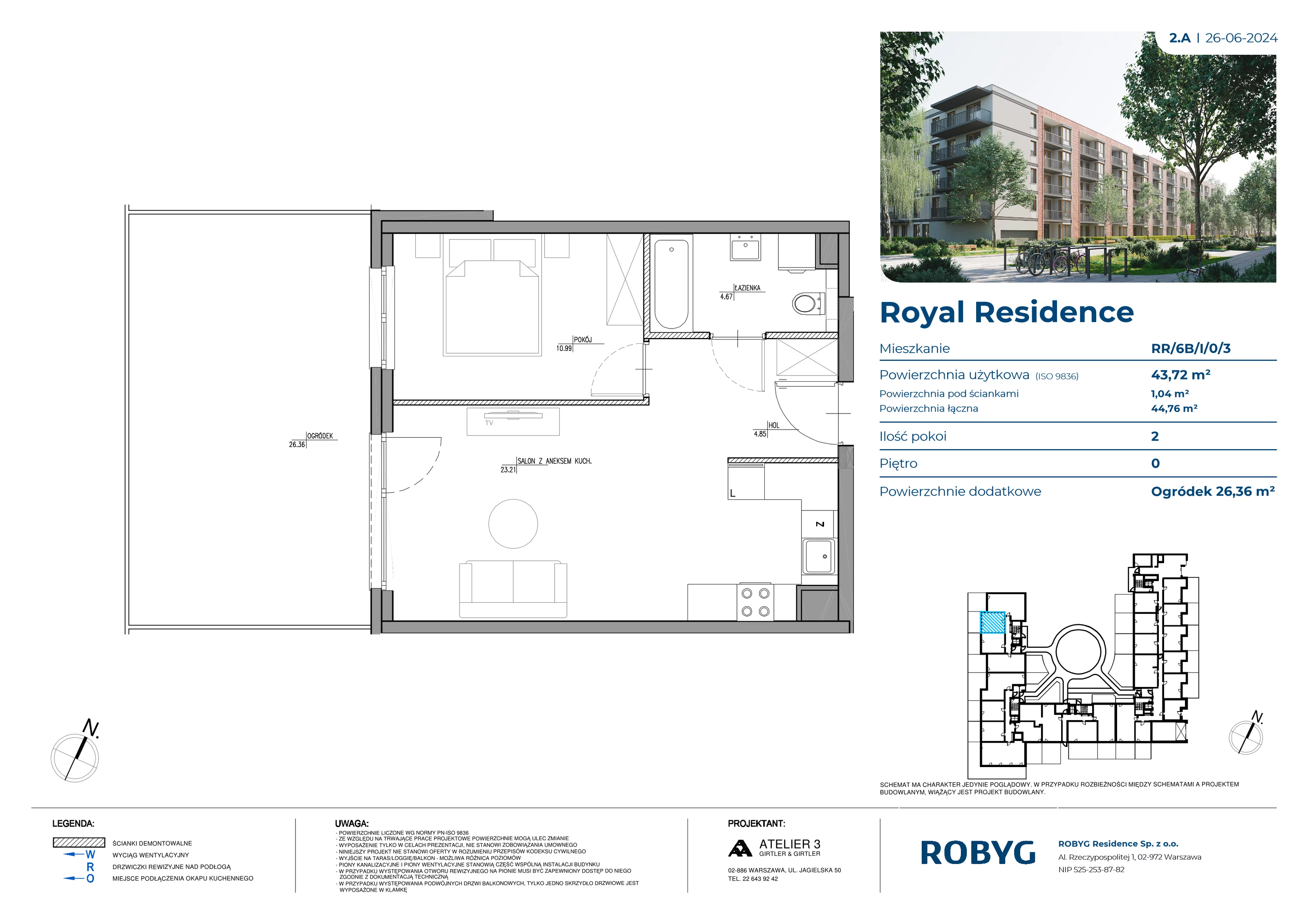 2 pokoje, mieszkanie 43,81 m², parter, oferta nr RR/6B/I/0/3, Royal Residence 6B, Warszawa, Wilanów, Błonia Wilanowskie, ul. Sarmacka