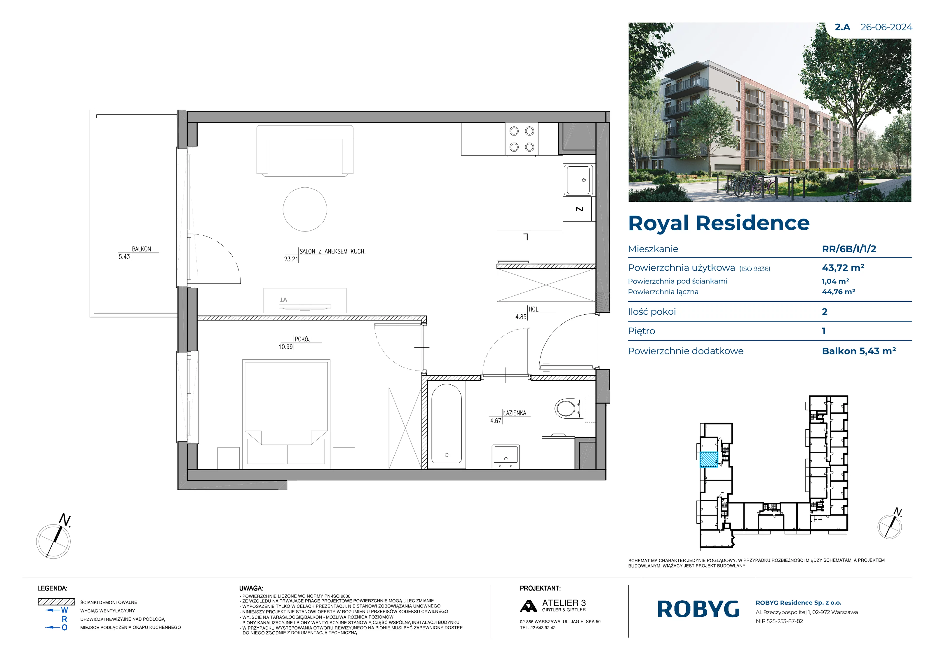 Mieszkanie 43,72 m², piętro 1, oferta nr RR/6B/I/1/2, Royal Residence 6B, Warszawa, Wilanów, Błonia Wilanowskie, ul. Sarmacka