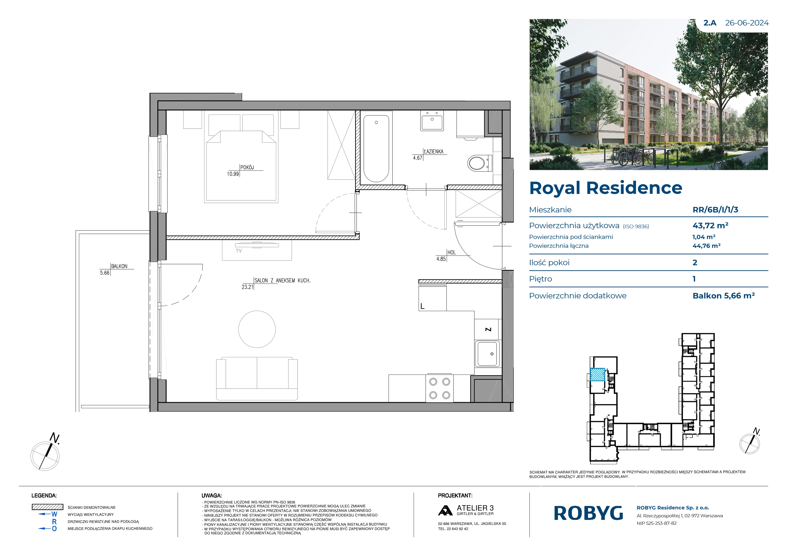 Mieszkanie 43,72 m², piętro 1, oferta nr RR/6B/I/1/3, Royal Residence 6B, Warszawa, Wilanów, Błonia Wilanowskie, ul. Sarmacka