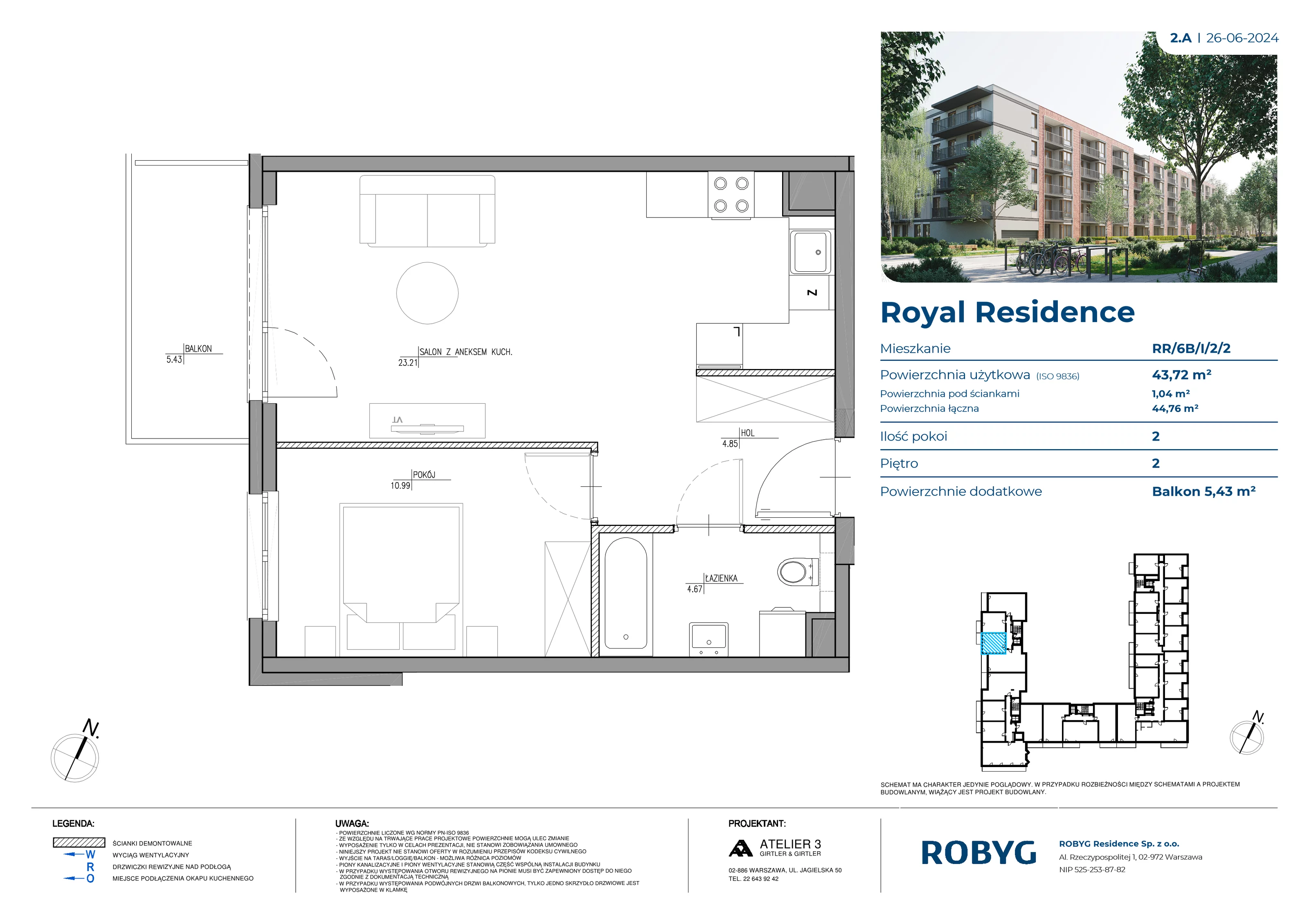 Mieszkanie 43,72 m², piętro 2, oferta nr RR/6B/I/2/2, Royal Residence 6B, Warszawa, Wilanów, Błonia Wilanowskie, ul. Sarmacka