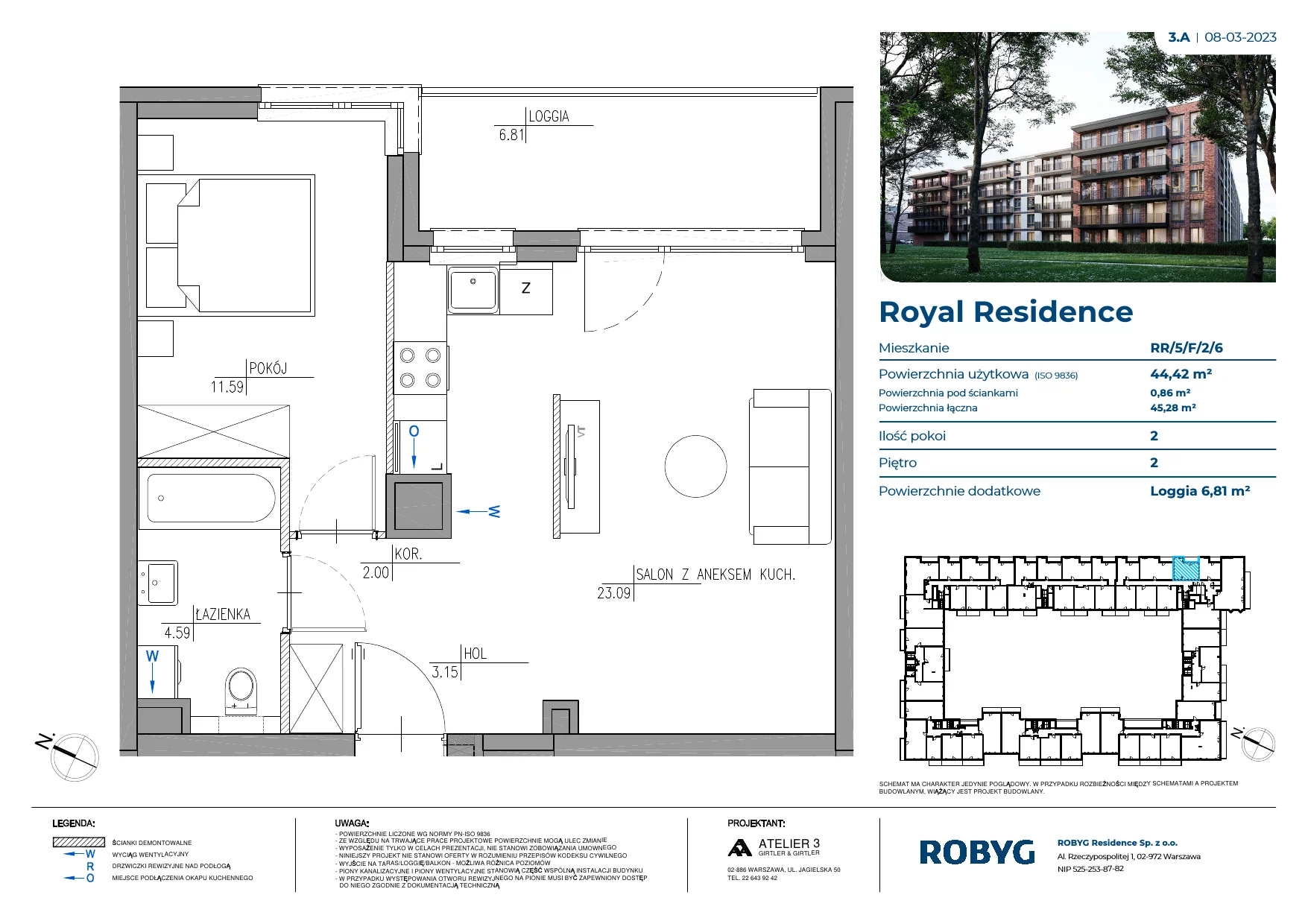 Mieszkanie 44,42 m², piętro 2, oferta nr RR/5/F/2/6, Royal Residence, Warszawa, Wilanów, Błonia Wilanowskie, ul. Sarmacka