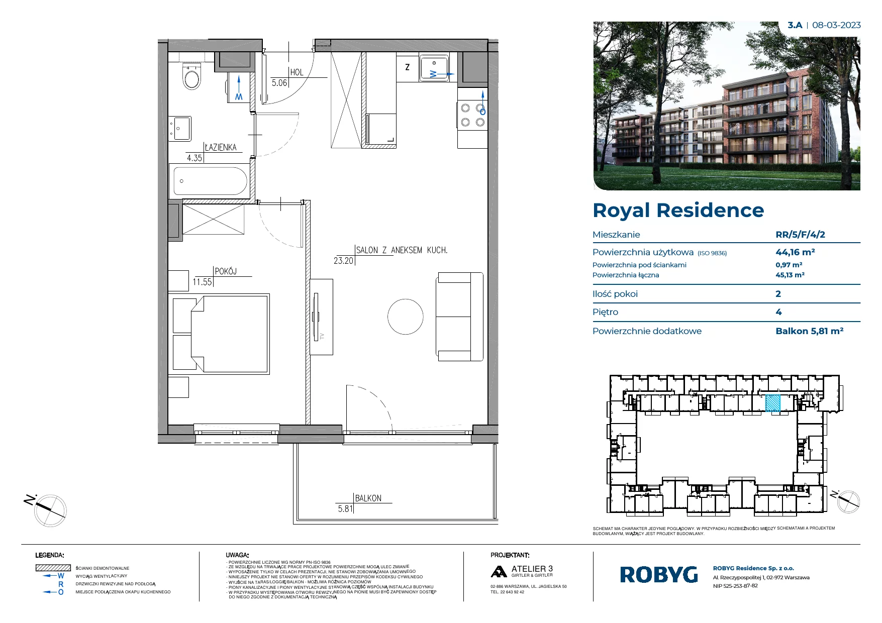 2 pokoje, mieszkanie 44,25 m², piętro 4, oferta nr RR/5/F/4/2, Royal Residence, Warszawa, Wilanów, Błonia Wilanowskie, ul. Sarmacka