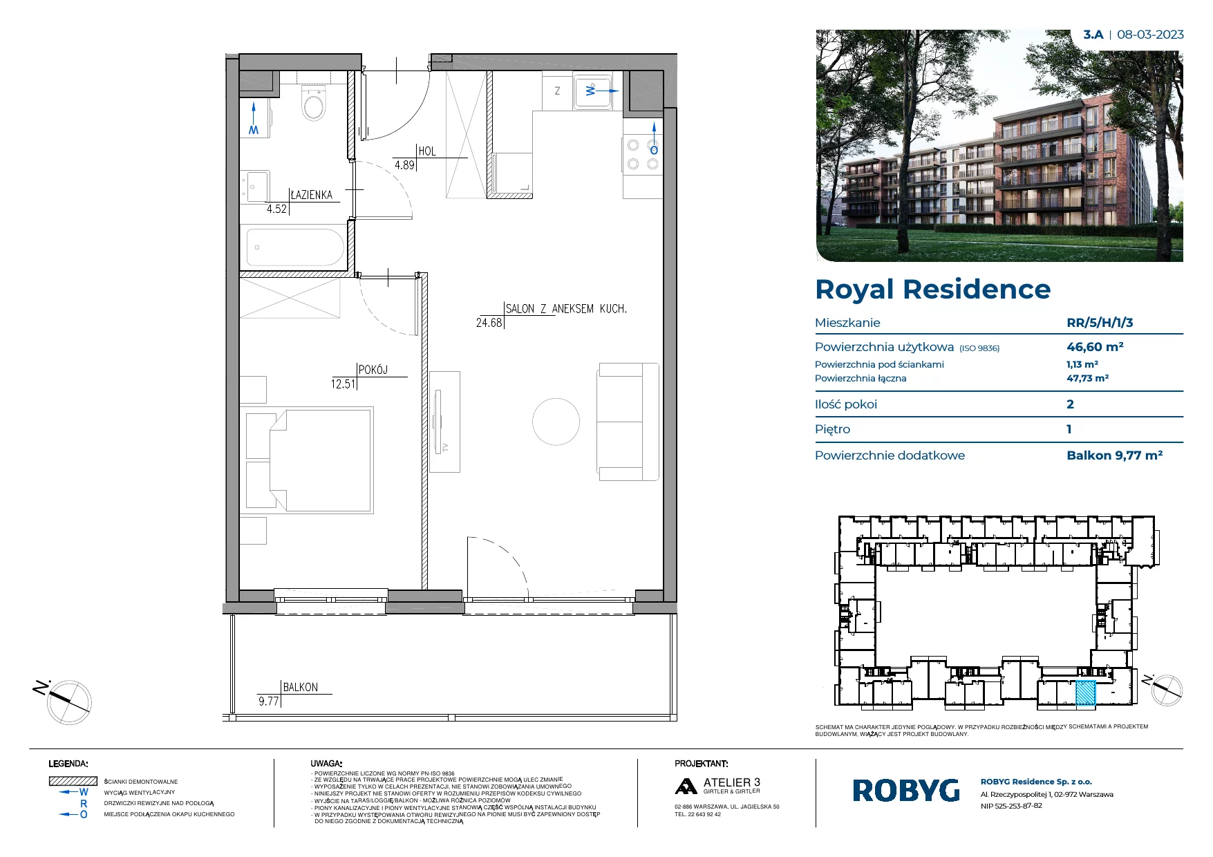 2 pokoje, mieszkanie 46,49 m², piętro 1, oferta nr RR/5/H/1/3, Royal Residence, Warszawa, Wilanów, Błonia Wilanowskie, ul. Sarmacka