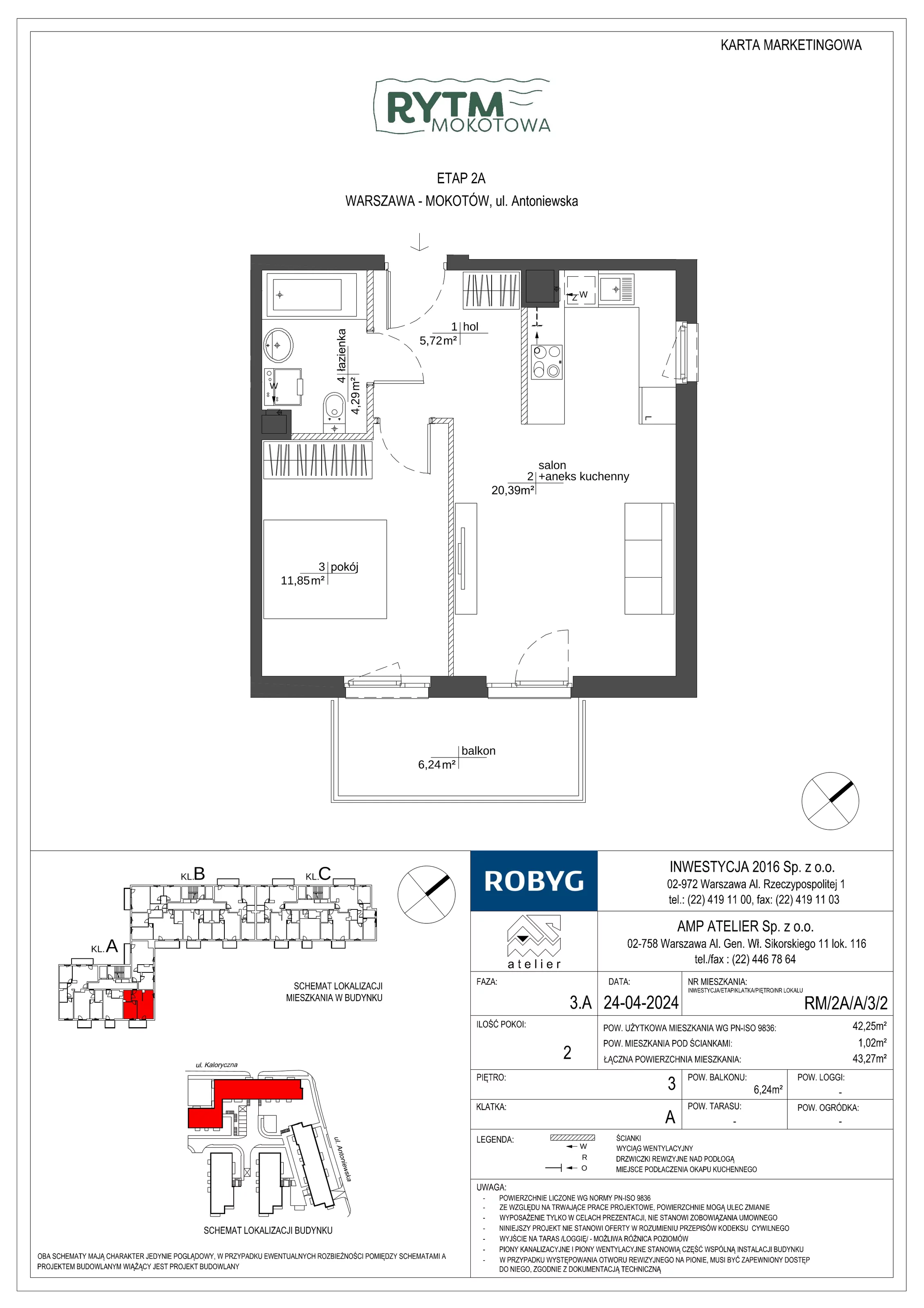 2 pokoje, mieszkanie 42,25 m², piętro 3, oferta nr RM/2A/A/3/2, Rytm Mokotowa, Warszawa, Mokotów, Augustówka, ul. Antoniewska / Piramowicza