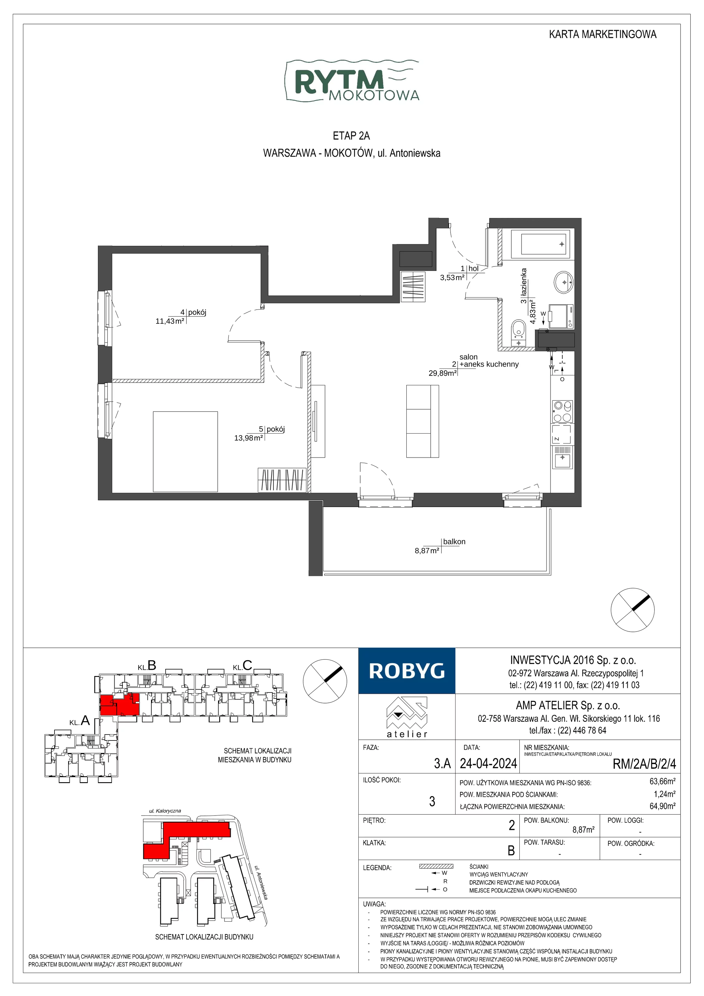 3 pokoje, mieszkanie 63,65 m², piętro 2, oferta nr RM/2A/B/2/4, Rytm Mokotowa, Warszawa, Mokotów, Augustówka, ul. Antoniewska / Piramowicza