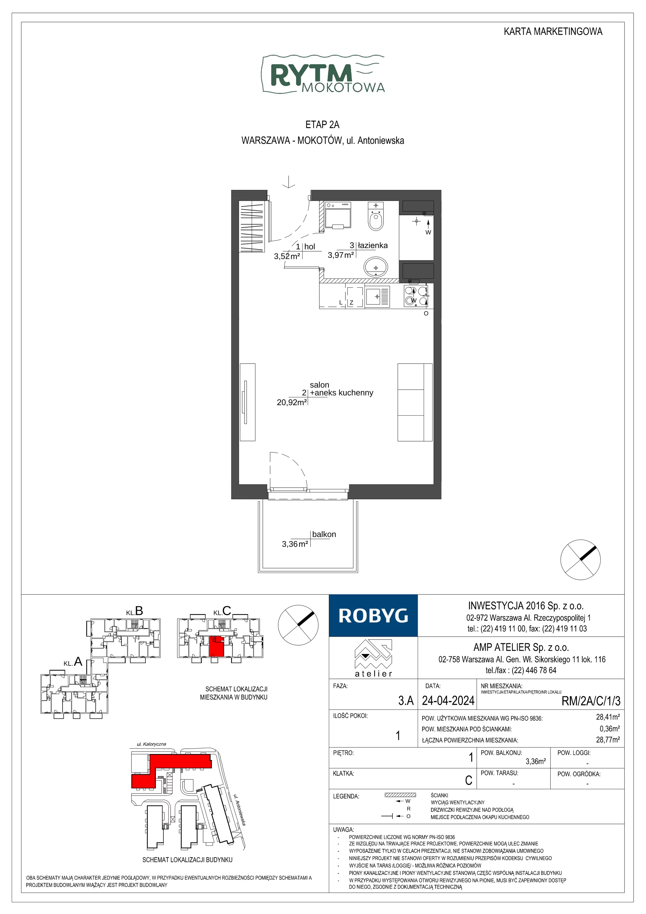 1 pokój, mieszkanie 28,41 m², piętro 1, oferta nr RM/2A/C/1/3, Rytm Mokotowa, Warszawa, Mokotów, Augustówka, ul. Antoniewska / Piramowicza