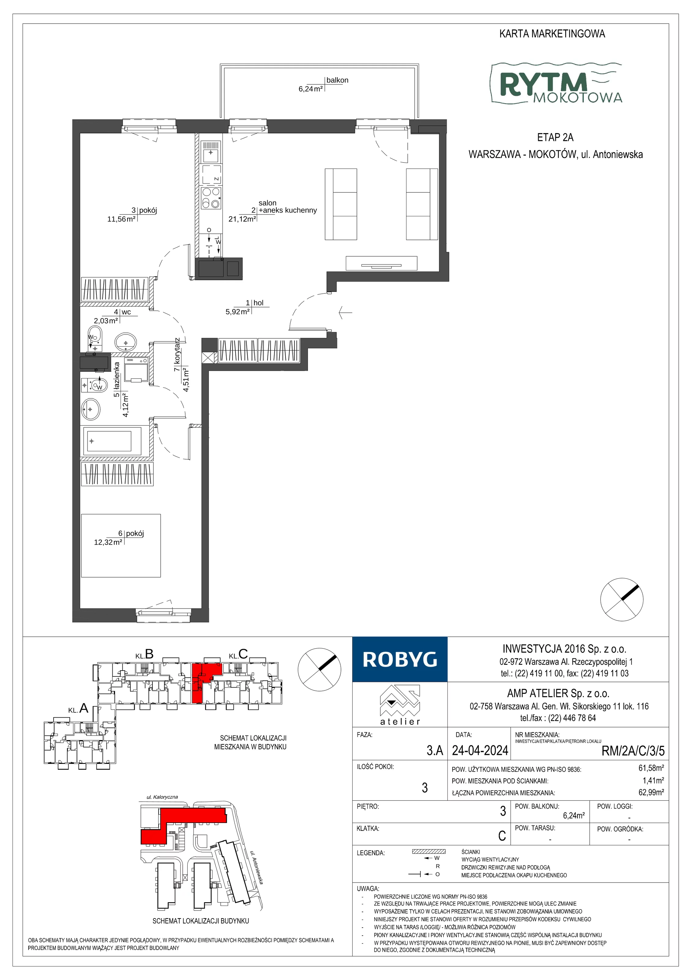 3 pokoje, mieszkanie 61,58 m², piętro 3, oferta nr RM/2A/C/3/5, Rytm Mokotowa, Warszawa, Mokotów, Augustówka, ul. Antoniewska / Piramowicza