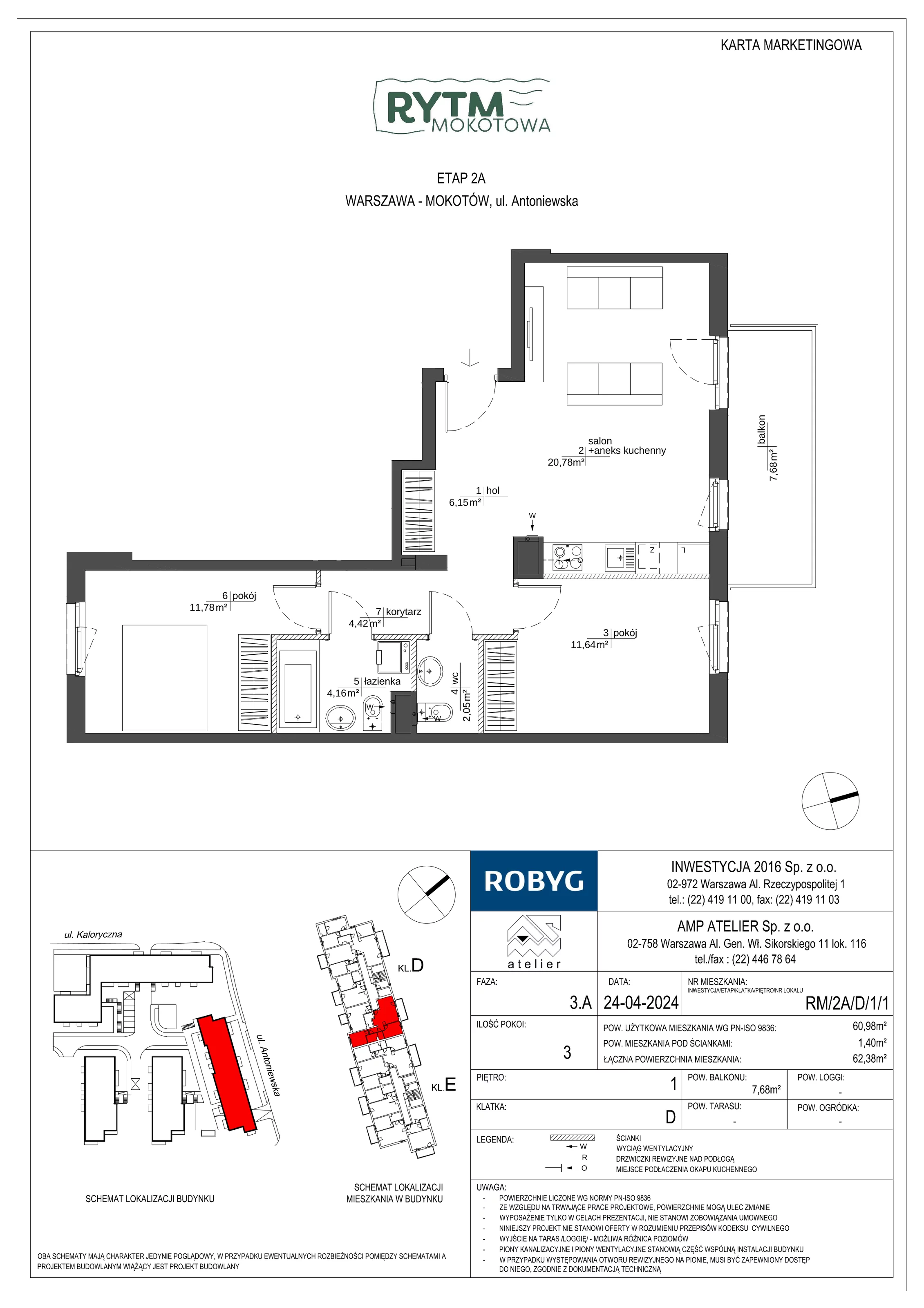 3 pokoje, mieszkanie 60,98 m², piętro 1, oferta nr RM/2A/D/1/1, Rytm Mokotowa, Warszawa, Mokotów, Augustówka, ul. Antoniewska / Piramowicza