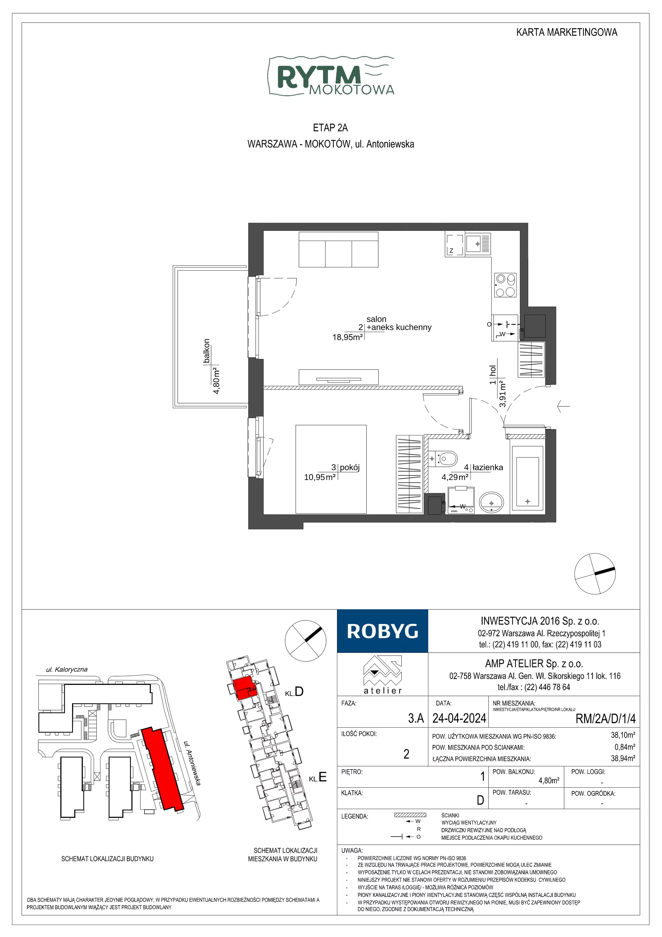 Mieszkanie 38,10 m², piętro 1, oferta nr RM/2A/D/1/4, Rytm Mokotowa, Warszawa, Mokotów, Augustówka, ul. Antoniewska / Piramowicza