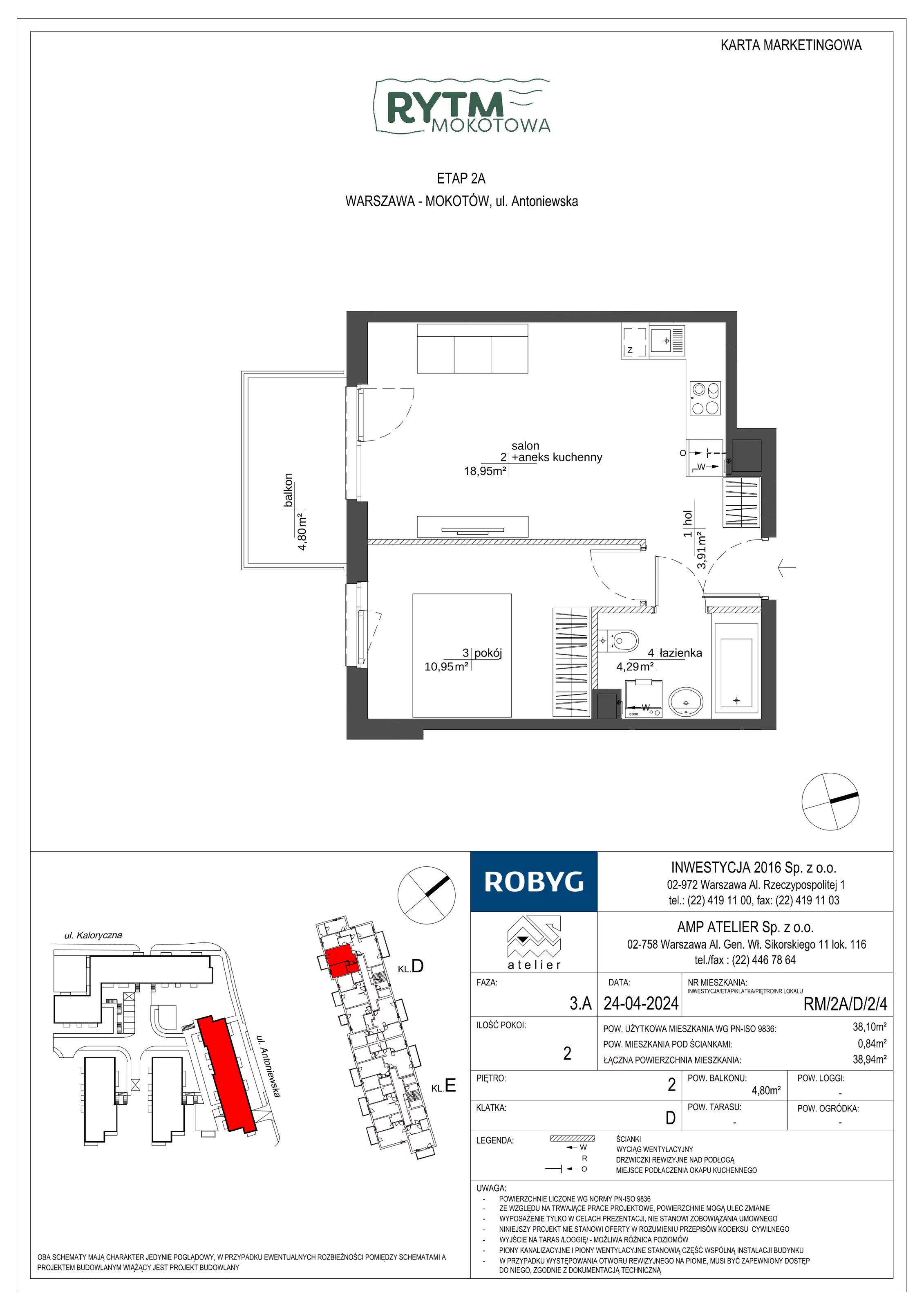 2 pokoje, mieszkanie 38,10 m², piętro 2, oferta nr RM/2A/D/2/4, Rytm Mokotowa, Warszawa, Mokotów, Augustówka, ul. Antoniewska / Piramowicza