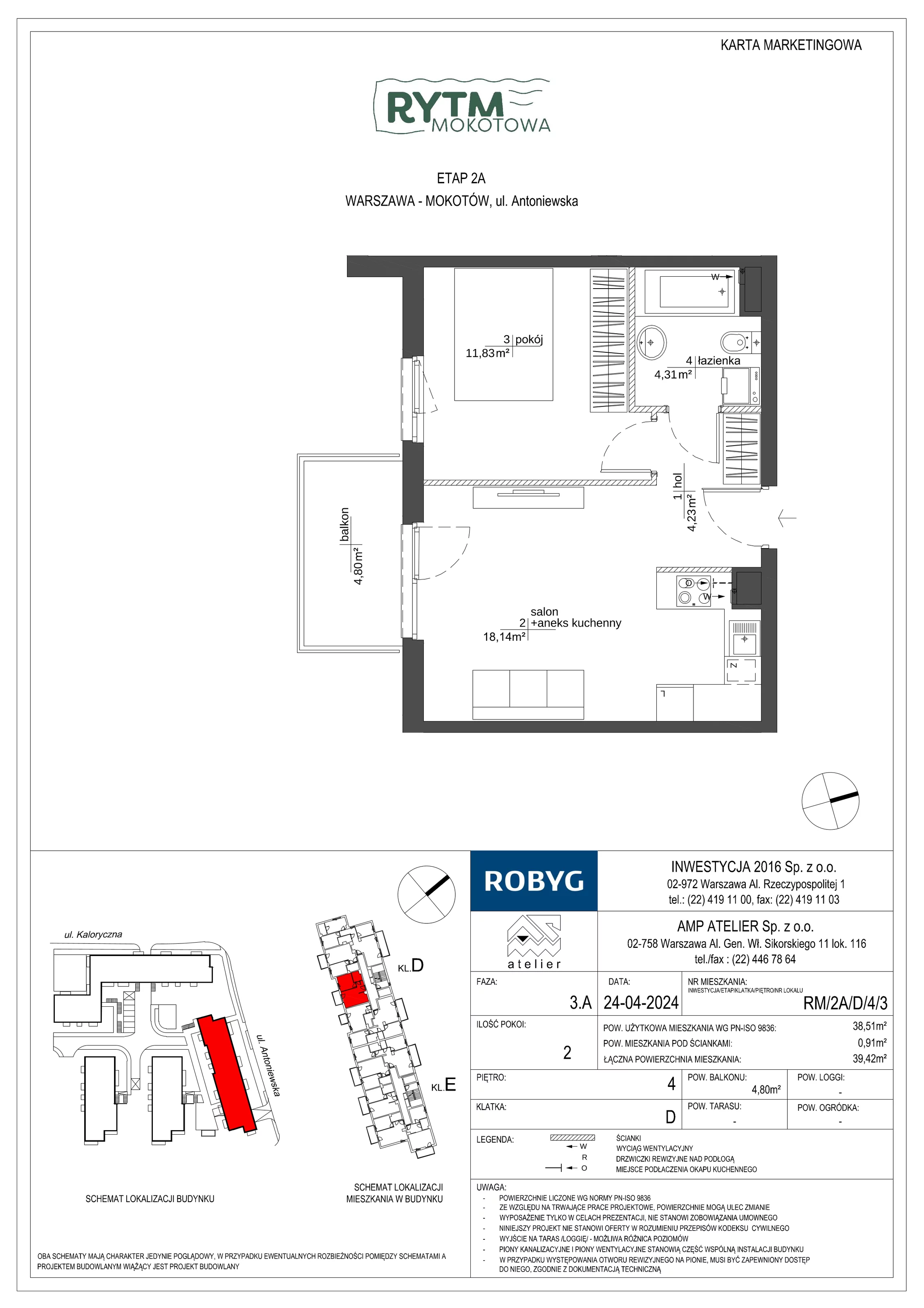 2 pokoje, mieszkanie 38,51 m², piętro 4, oferta nr RM/2A/D/4/3, Rytm Mokotowa, Warszawa, Mokotów, Augustówka, ul. Antoniewska / Piramowicza