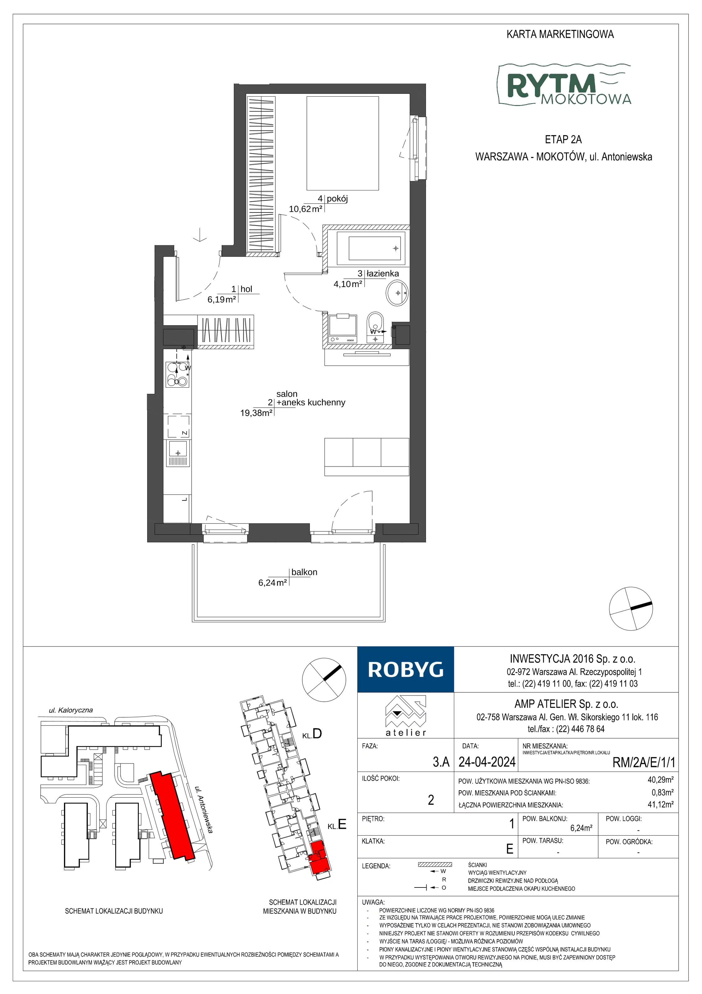 2 pokoje, mieszkanie 40,29 m², piętro 1, oferta nr RM/2A/E/1/1, Rytm Mokotowa, Warszawa, Mokotów, Augustówka, ul. Antoniewska / Piramowicza