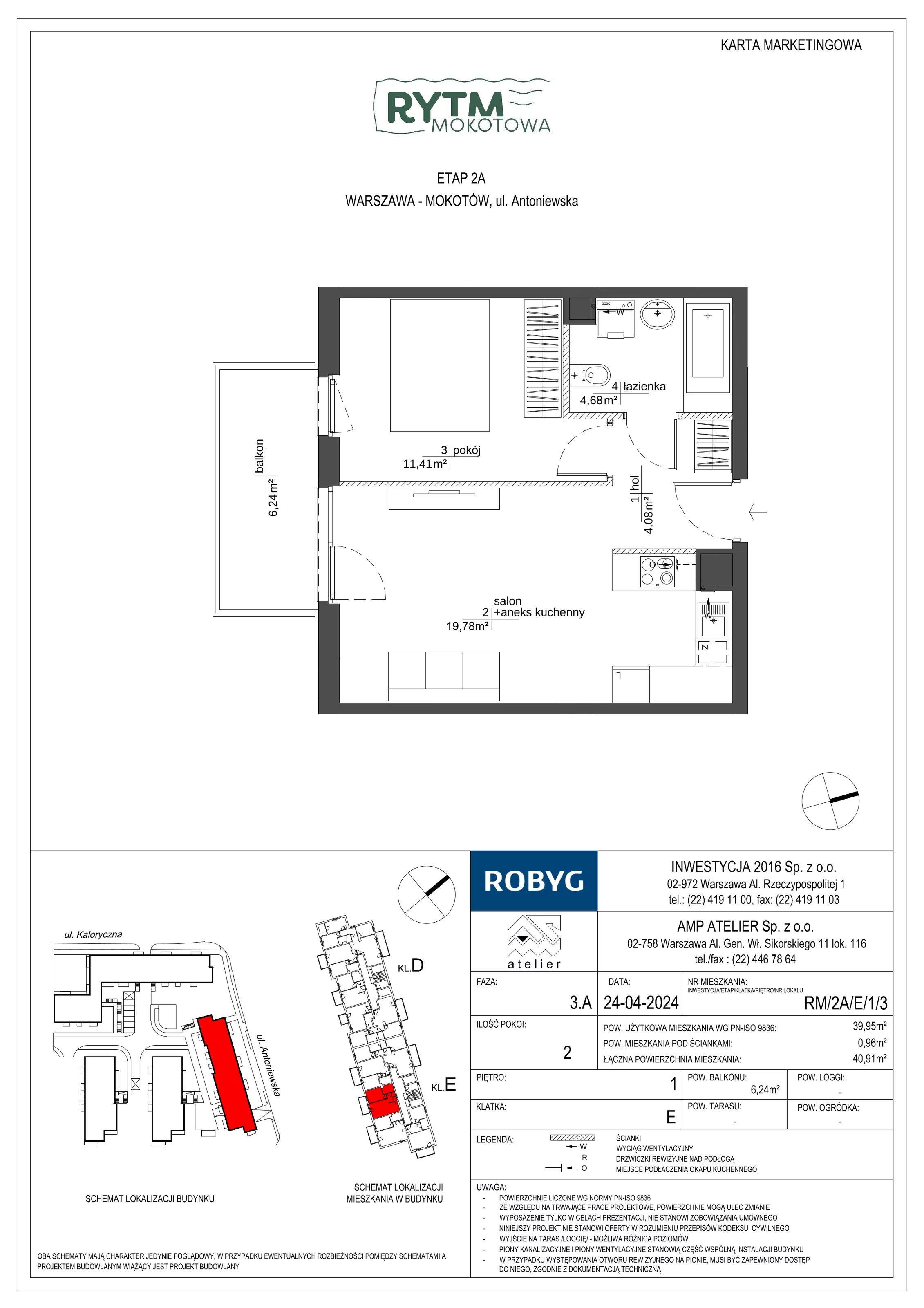 2 pokoje, mieszkanie 39,95 m², piętro 1, oferta nr RM/2A/E/1/3, Rytm Mokotowa, Warszawa, Mokotów, Augustówka, ul. Antoniewska / Piramowicza