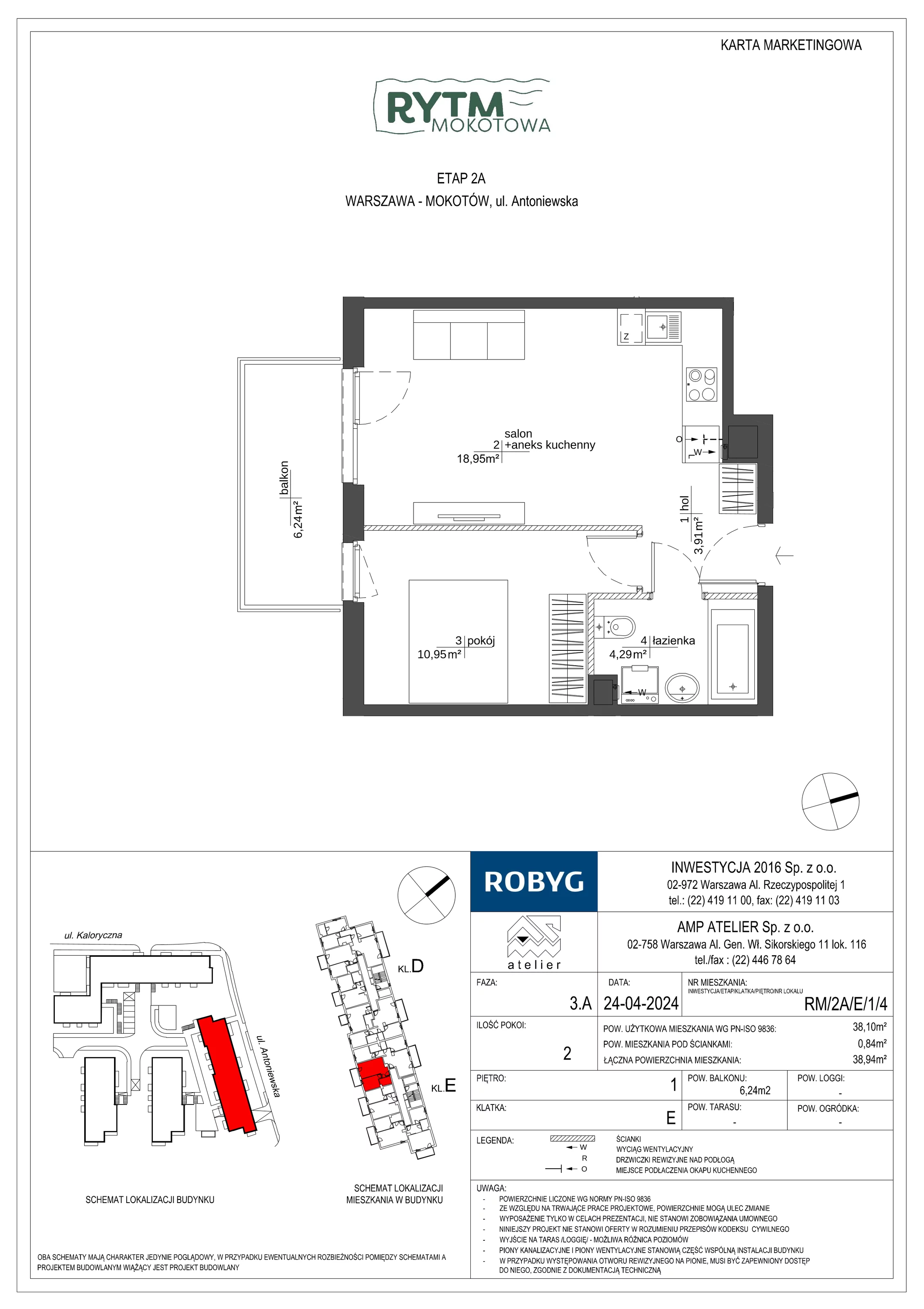 2 pokoje, mieszkanie 38,10 m², piętro 1, oferta nr RM/2A/E/1/4, Rytm Mokotowa, Warszawa, Mokotów, Augustówka, ul. Antoniewska / Piramowicza