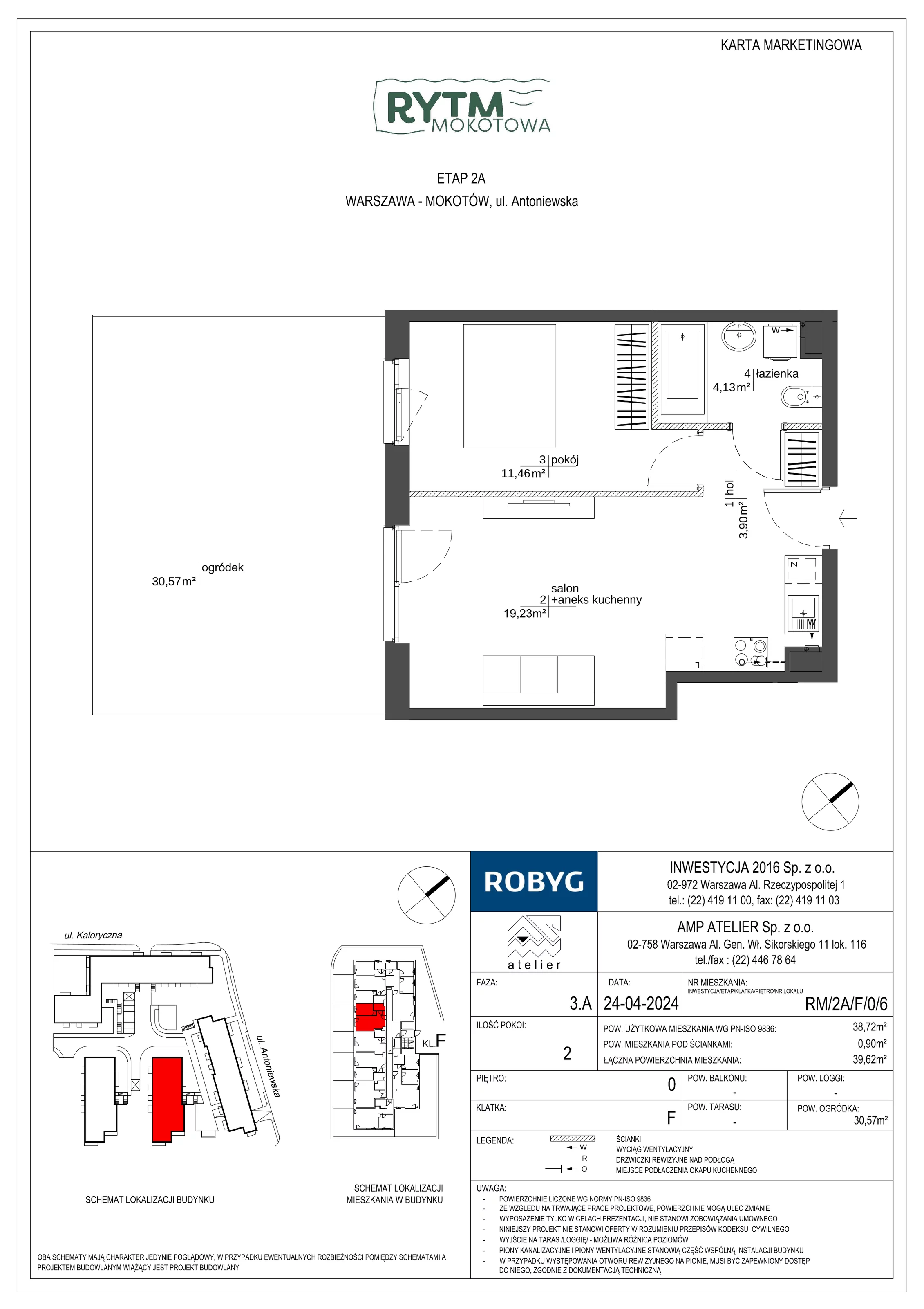 2 pokoje, mieszkanie 38,72 m², parter, oferta nr RM/2A/F/0/6, Rytm Mokotowa, Warszawa, Mokotów, Augustówka, ul. Antoniewska / Piramowicza