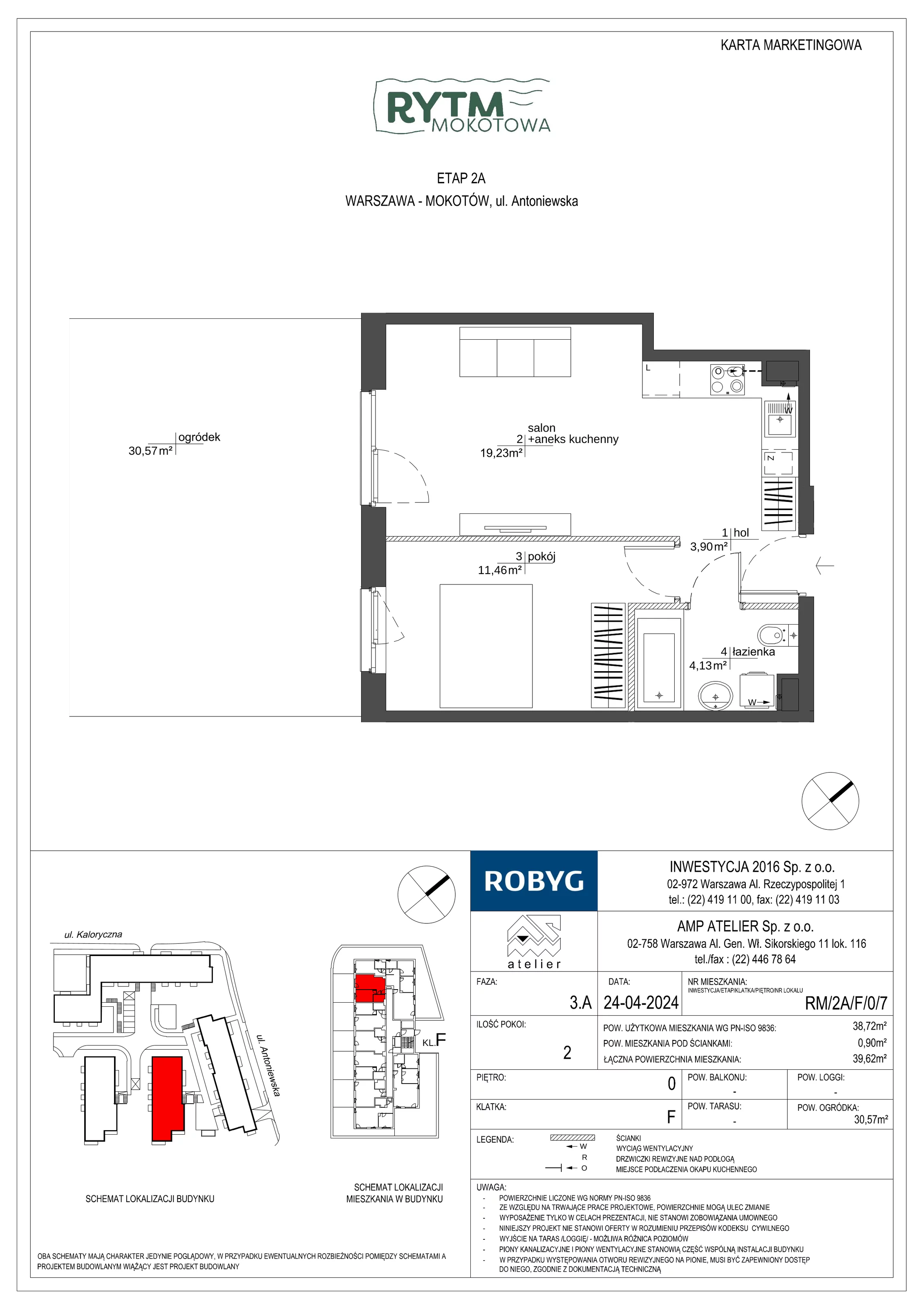 Mieszkanie 38,72 m², parter, oferta nr RM/2A/F/0/7, Rytm Mokotowa, Warszawa, Mokotów, Augustówka, ul. Antoniewska / Piramowicza