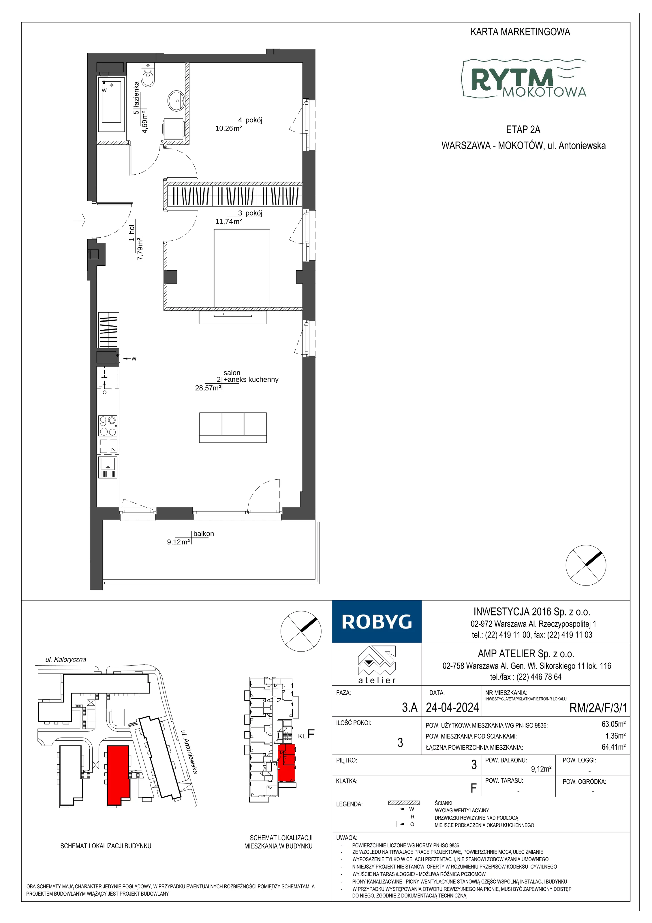 3 pokoje, mieszkanie 63,05 m², piętro 3, oferta nr RM/2A/F/3/1, Rytm Mokotowa, Warszawa, Mokotów, Augustówka, ul. Antoniewska / Piramowicza