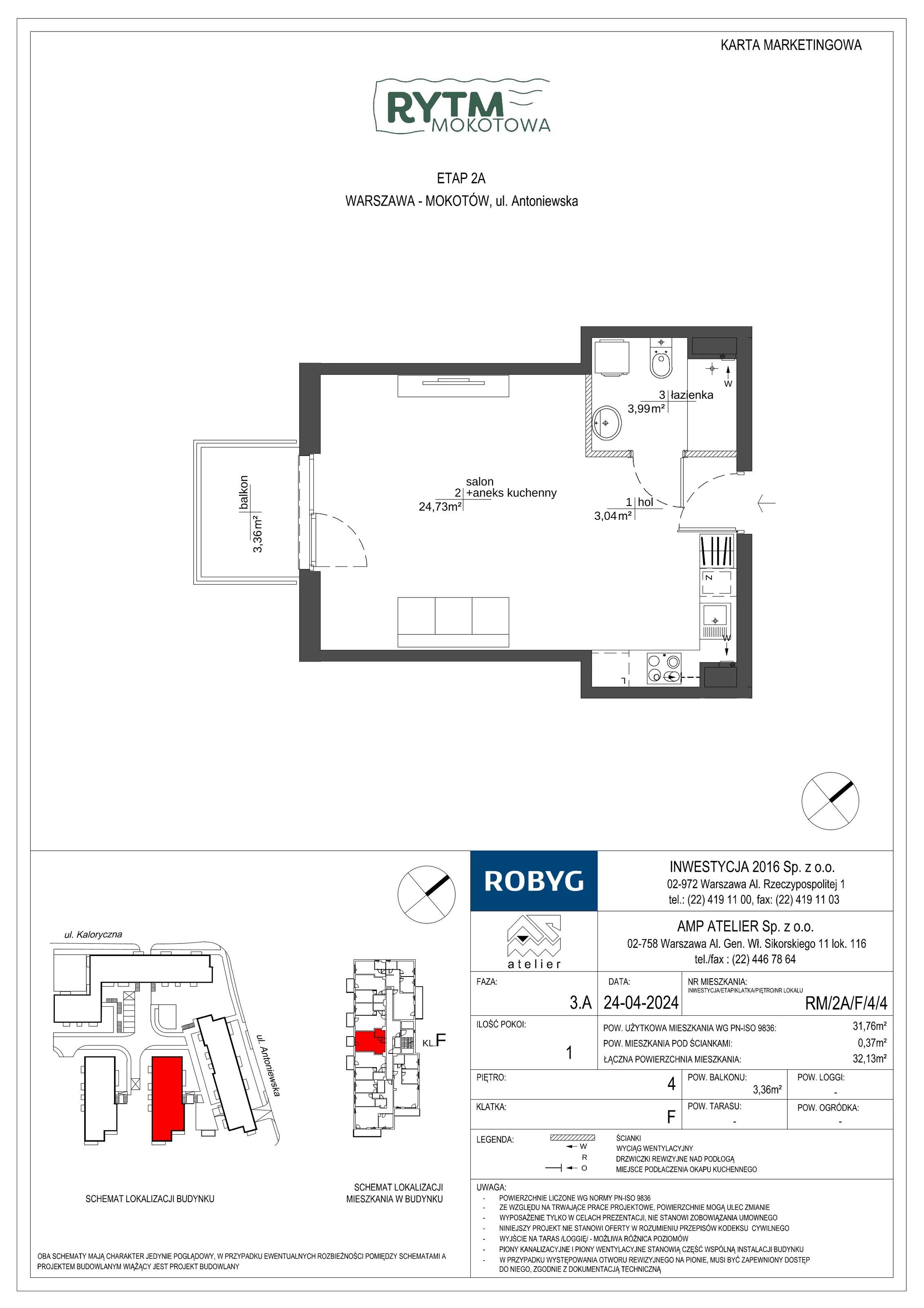 1 pokój, mieszkanie 31,76 m², piętro 4, oferta nr RM/2A/F/4/4, Rytm Mokotowa, Warszawa, Mokotów, Augustówka, ul. Antoniewska / Piramowicza