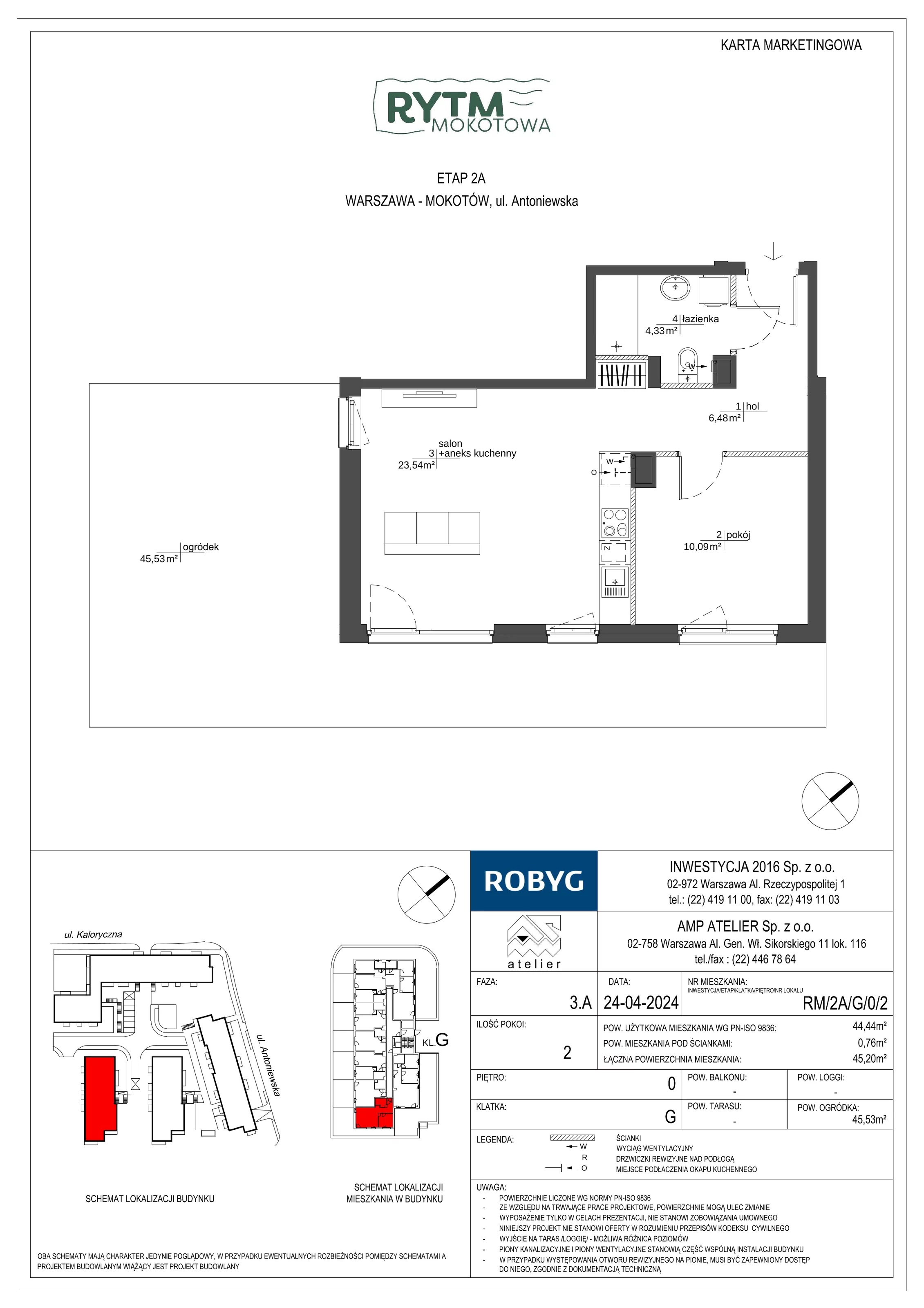 2 pokoje, mieszkanie 44,44 m², parter, oferta nr RM/2A/G/0/2, Rytm Mokotowa, Warszawa, Mokotów, Augustówka, ul. Antoniewska / Piramowicza