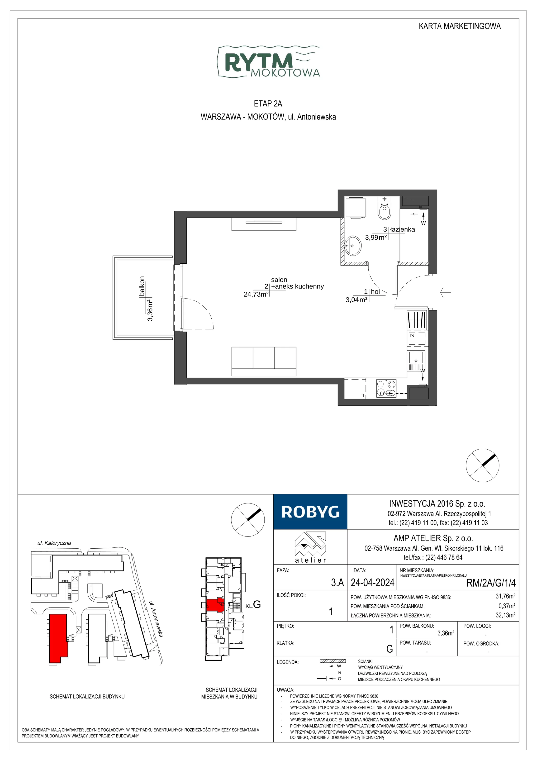 Mieszkanie 31,76 m², piętro 1, oferta nr RM/2A/G/1/4, Rytm Mokotowa, Warszawa, Mokotów, Augustówka, ul. Antoniewska / Piramowicza