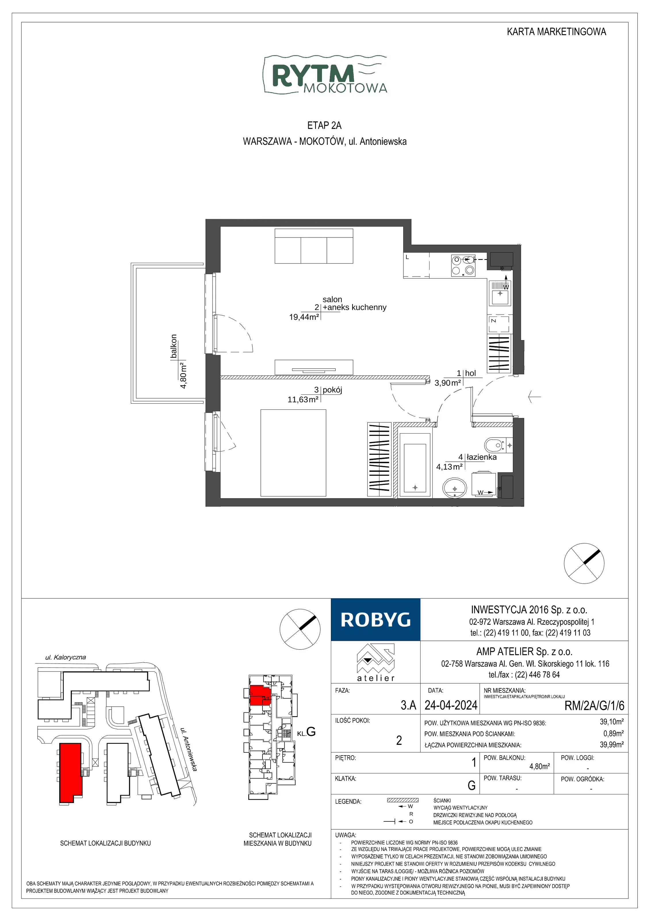 Mieszkanie 39,10 m², piętro 1, oferta nr RM/2A/G/1/6, Rytm Mokotowa, Warszawa, Mokotów, Augustówka, ul. Antoniewska / Piramowicza