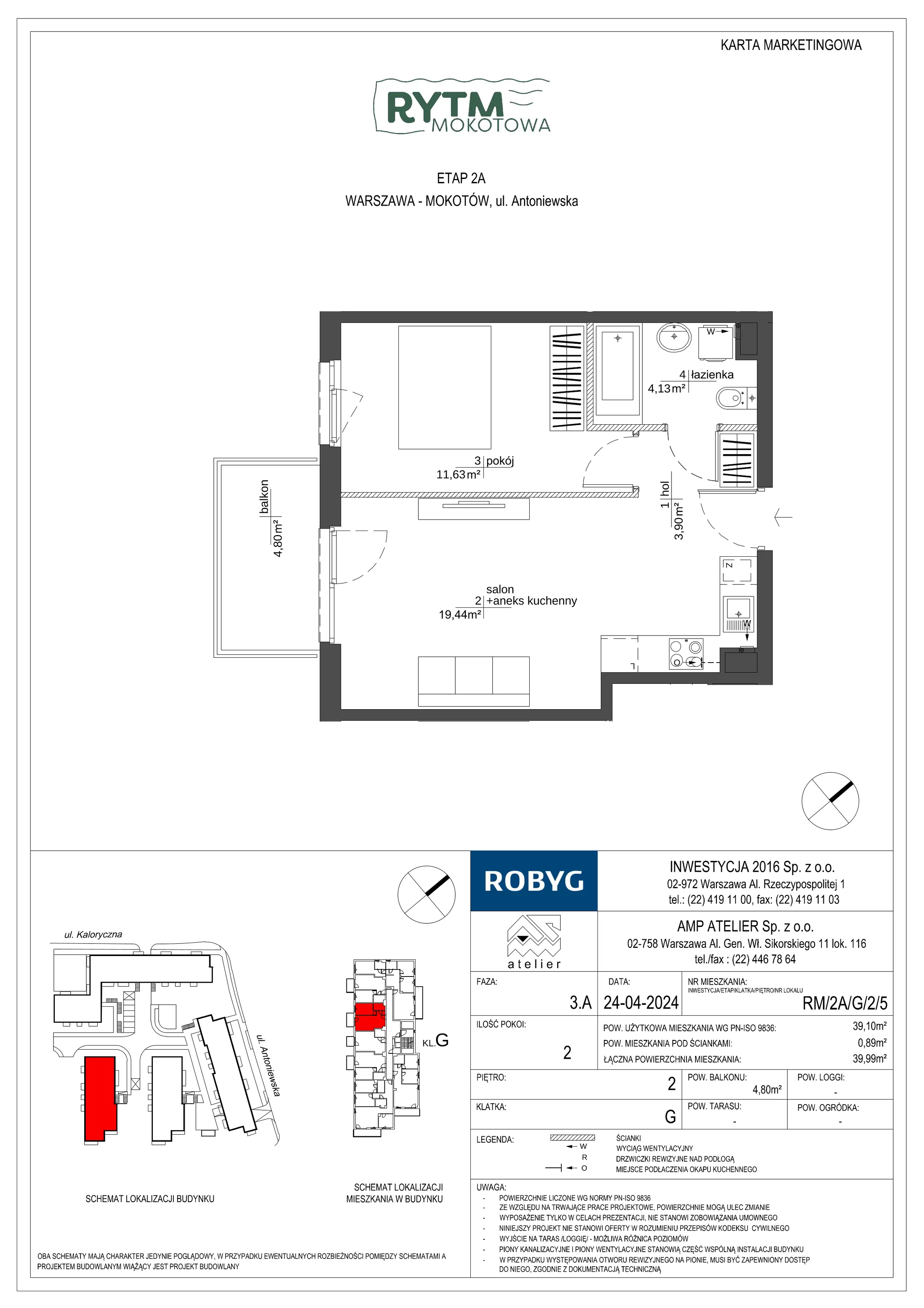 Mieszkanie 39,10 m², piętro 2, oferta nr RM/2A/G/2/5, Rytm Mokotowa, Warszawa, Mokotów, Augustówka, ul. Antoniewska / Piramowicza