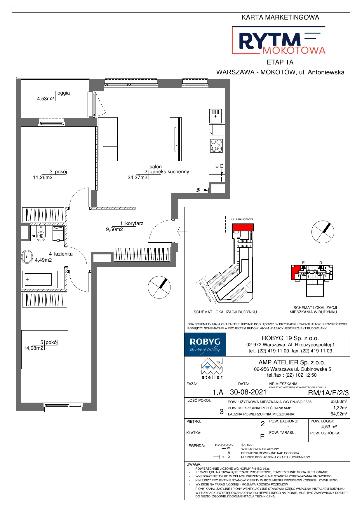 3 pokoje, mieszkanie 63,54 m², piętro 2, oferta nr RM/1A/E/2/3, Rytm Mokotowa, Warszawa, Mokotów, Augustówka, ul. Antoniewska / Piramowicza